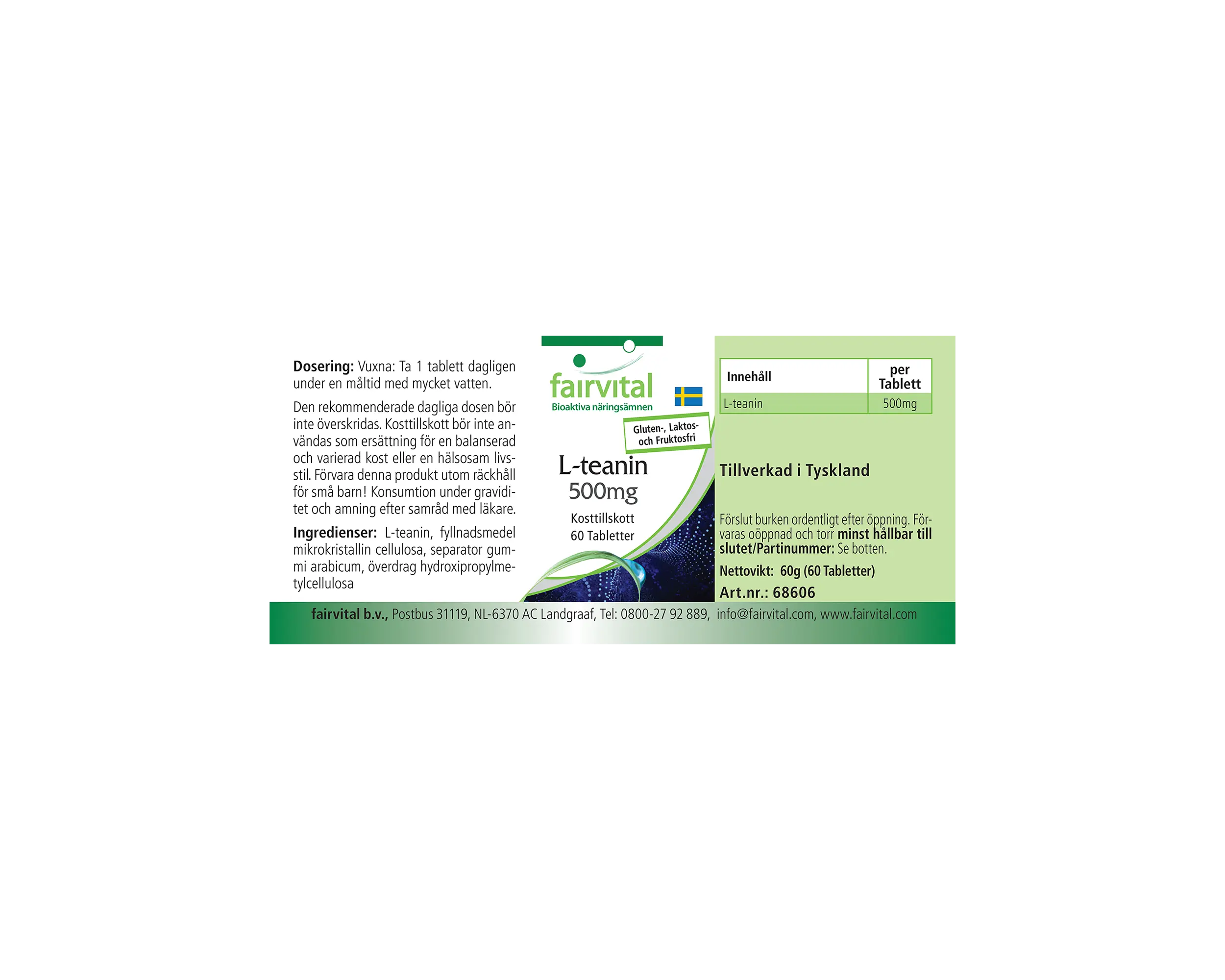 L-Teanina 500mg - 60 compresse - Amminoacido - Facili da deglutire - Ad alto dosaggio e vegana | Fairvital