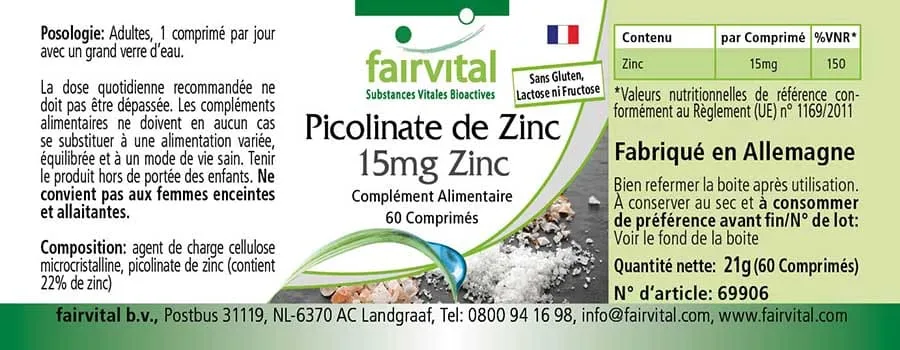 Zinc picolinate containing 15mg zinc - 60 tablets