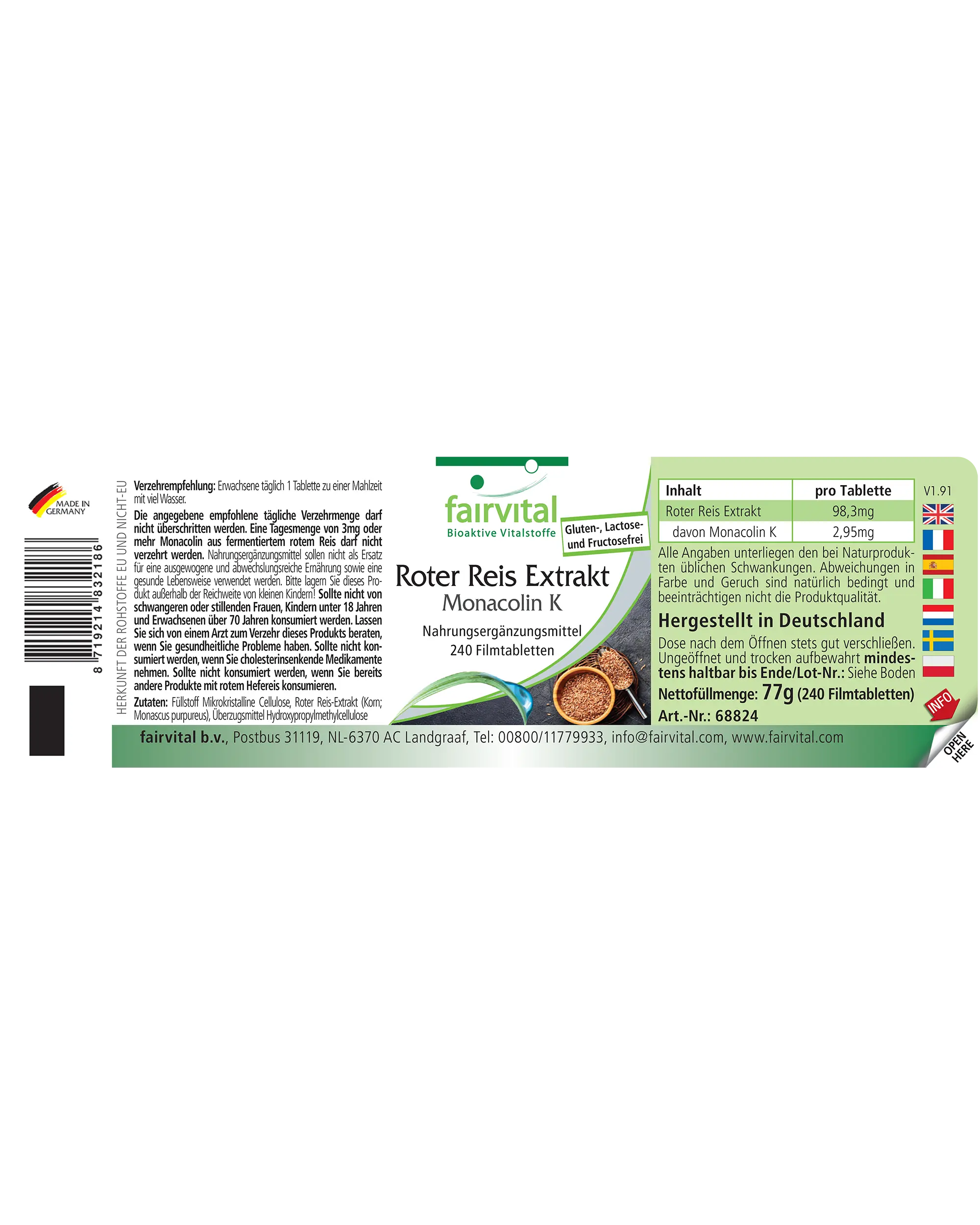 Extrait de Riz Rouge avec 2,95 mg de Monacoline K - 240 comprimés pelliculés - faciles à avaler - végan | Fairvital