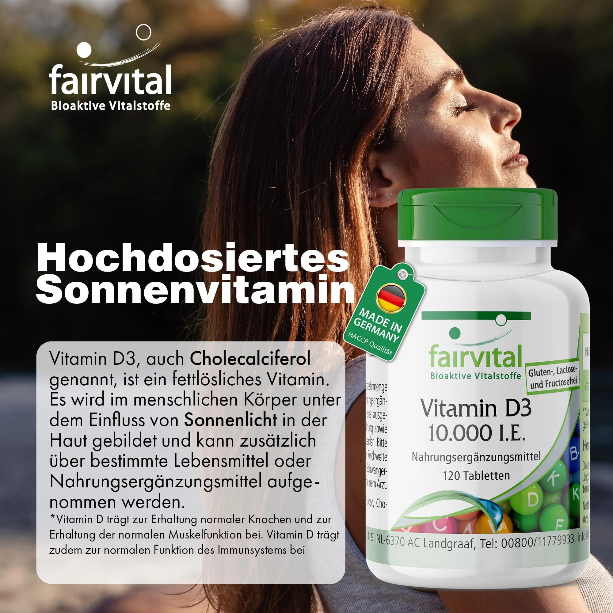 Vitamine D3 10.000 IE - 120 tabletten - voor immuunsysteem, celdeling, spieren en meer | Fairvital