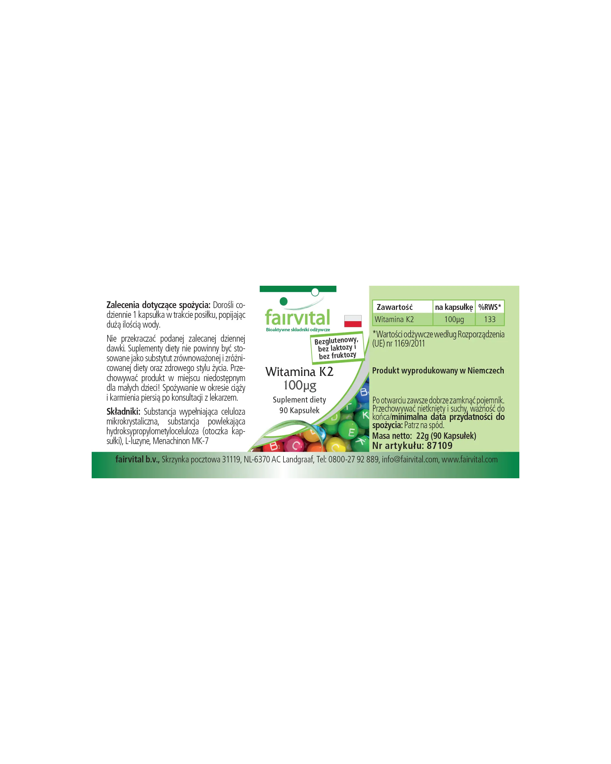 Vitamina K2 100 µg - 90 cápsulas - más del 100 % del requerimiento diario - fáciles de tragar - para huesos y coagulación sanguínea - vegano | Fairvital