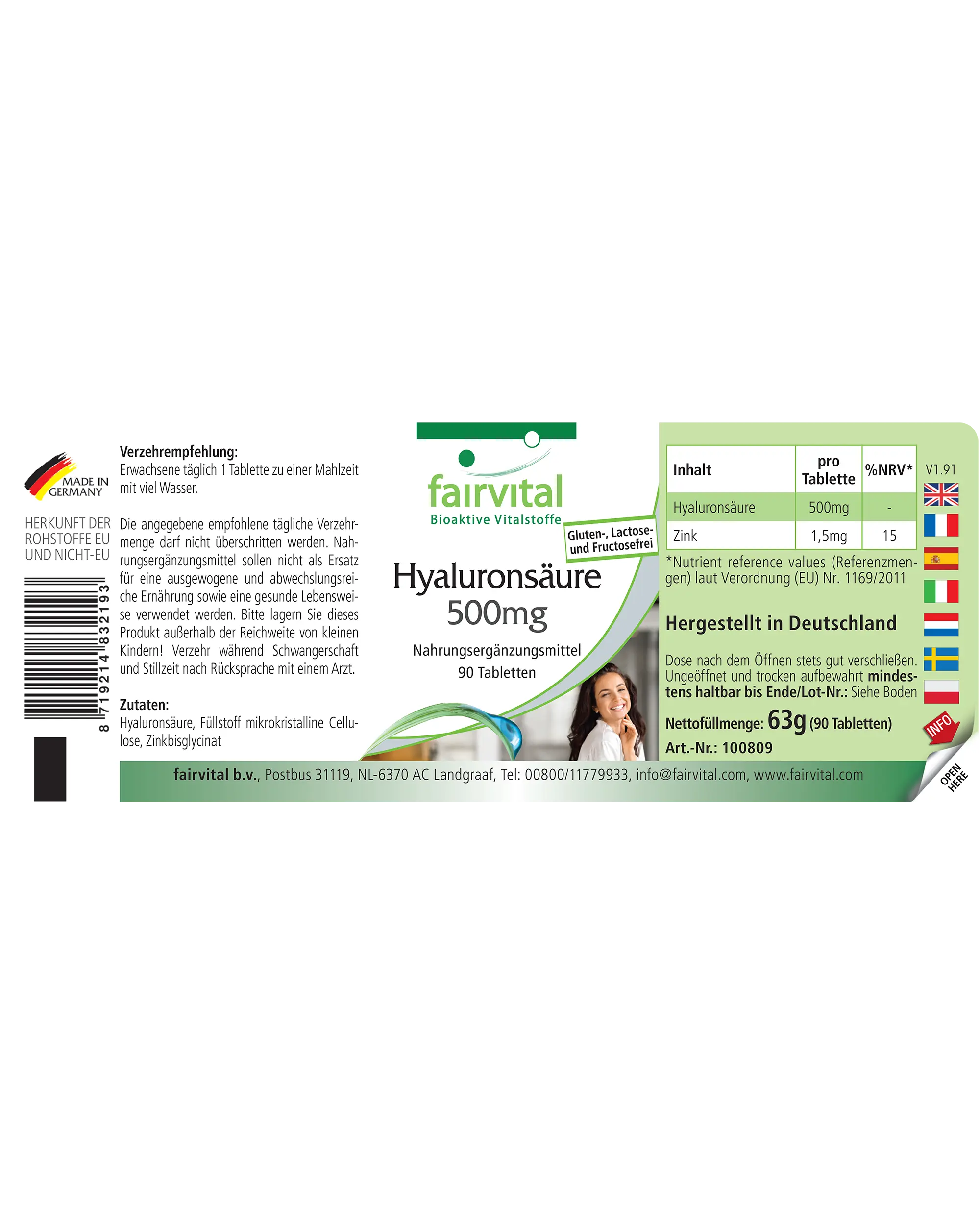 Ácido Hialurónico 500 mg - 90 Comprimidos - con Zinc - Vegano | Fairvital