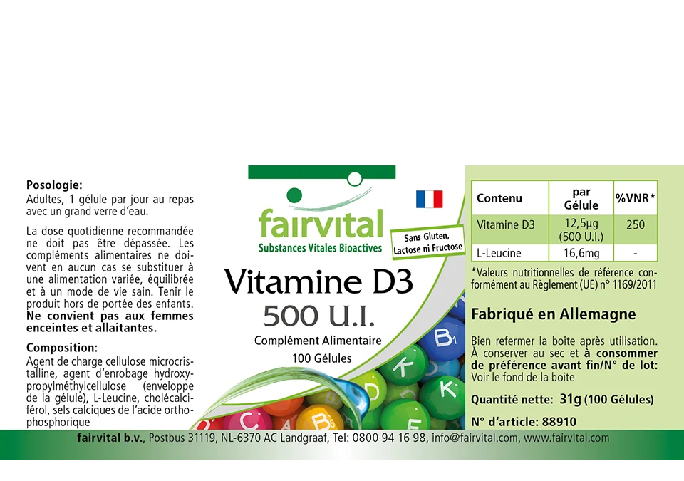 Vitamina D3 500 U.I. - 100 Cápsulas