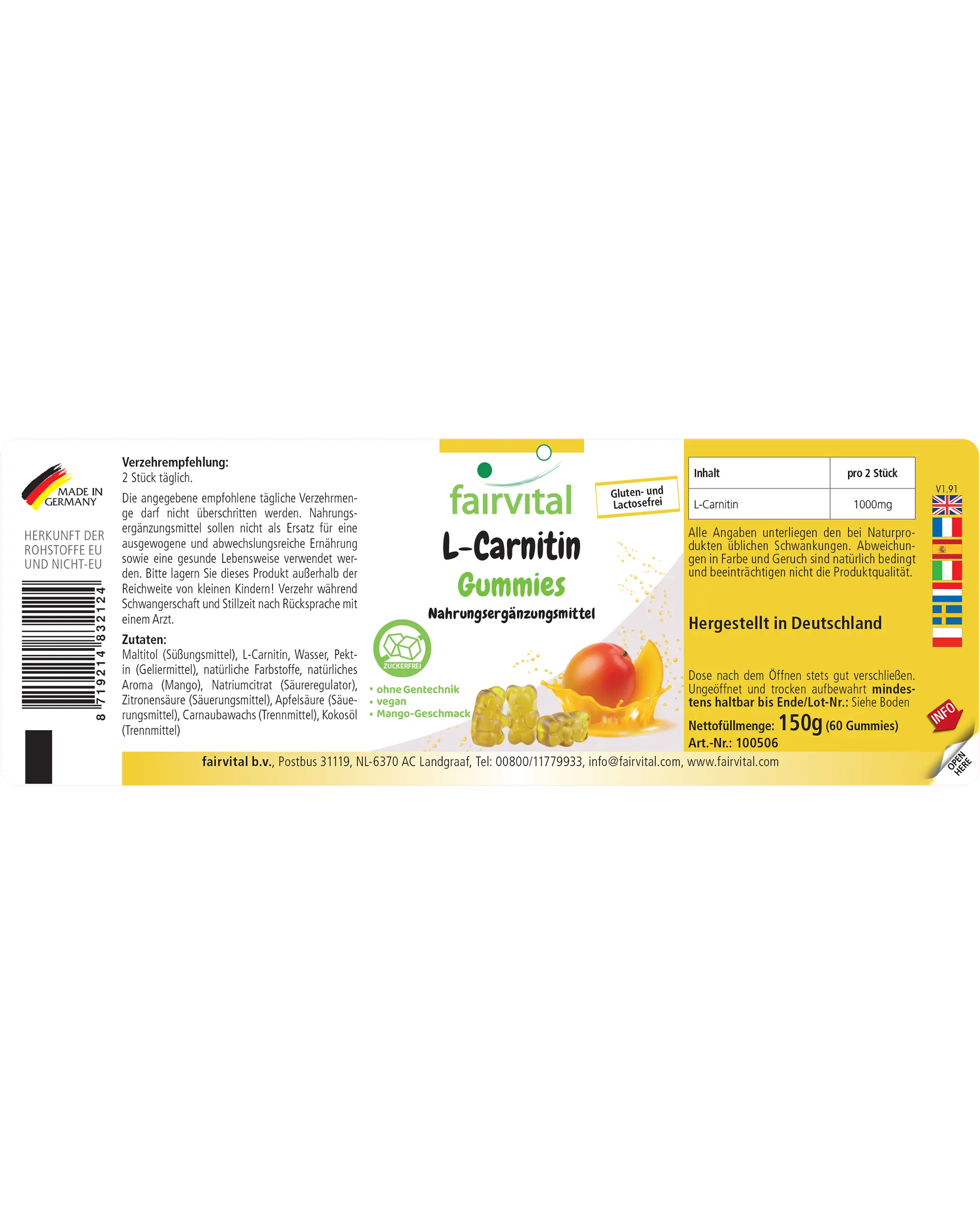 L-Carnitine - 60 Gummies - 1000mg - vegan - sugar-free - mango flavour | Fairvital