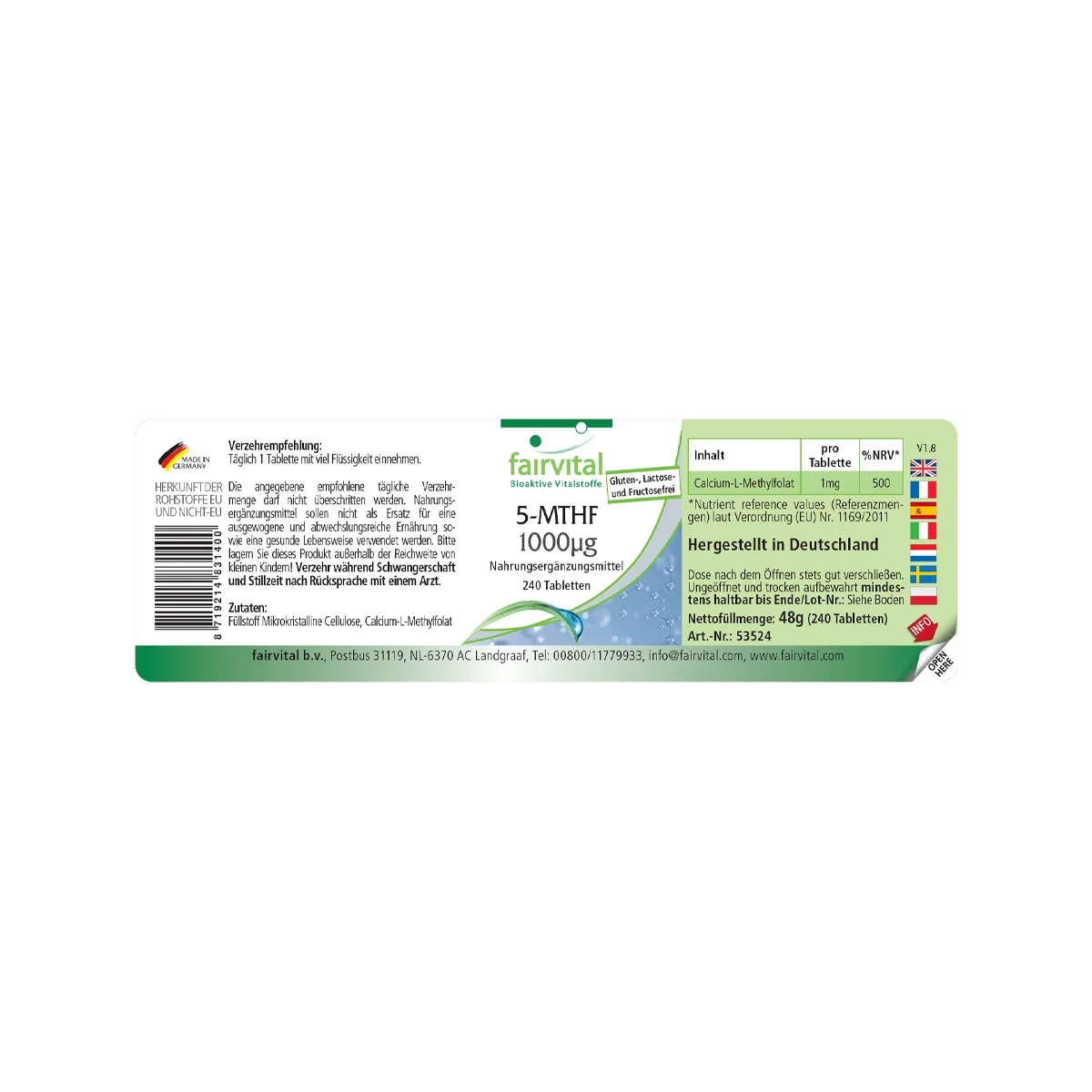 5-MTHF 1000 µg - 240 Tabletten - bioaktive Folsäure - Hochdosiert und Vegan | Fairvital 5-MTHF 1000 µg - 240 Tabletten - bioaktive Folsäure - Hochdosiert und Vegan | Fairvital