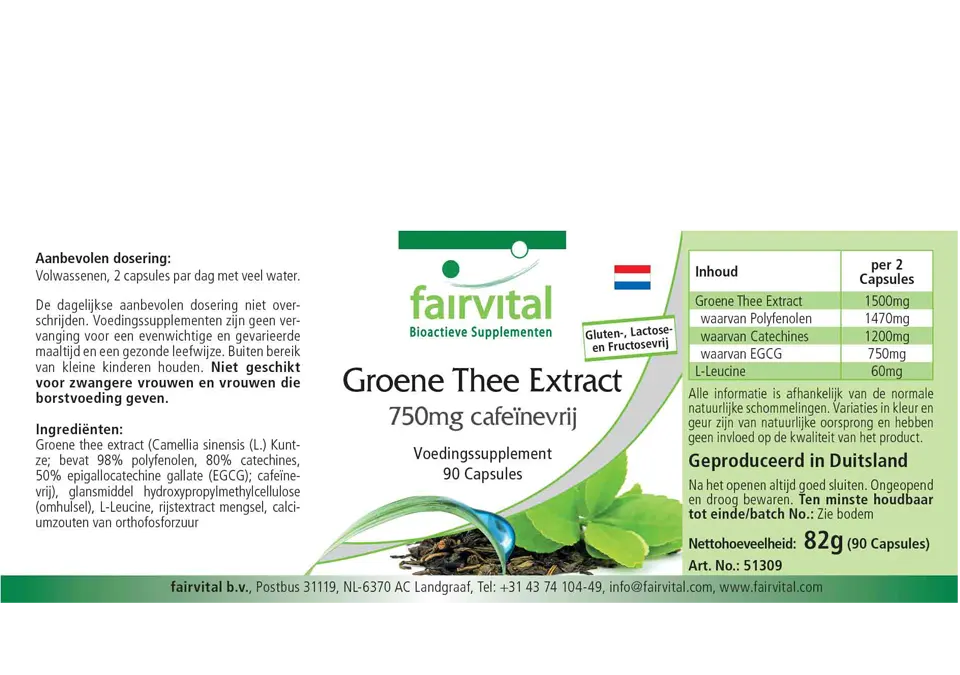 Green tea extract 750mg decaffeinated - 90 capsules