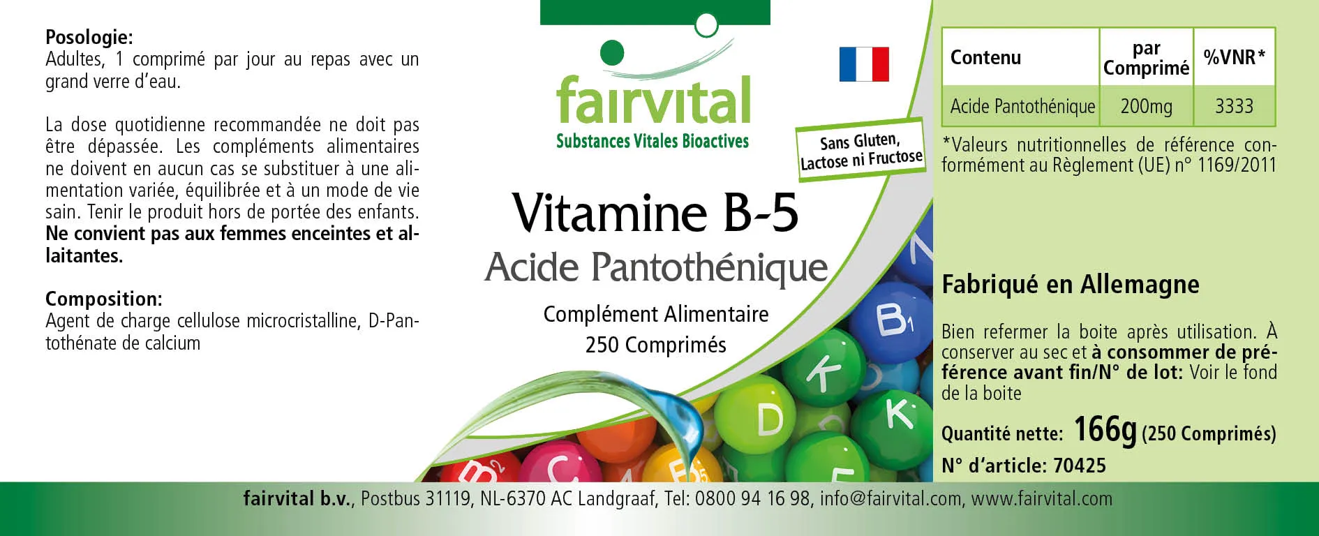 Vitamina B-5 ácido pantoténico 200mg - 250 comprimidos Vitamina B-5 ácido pantoténico 200mg - 250 comprimidos
