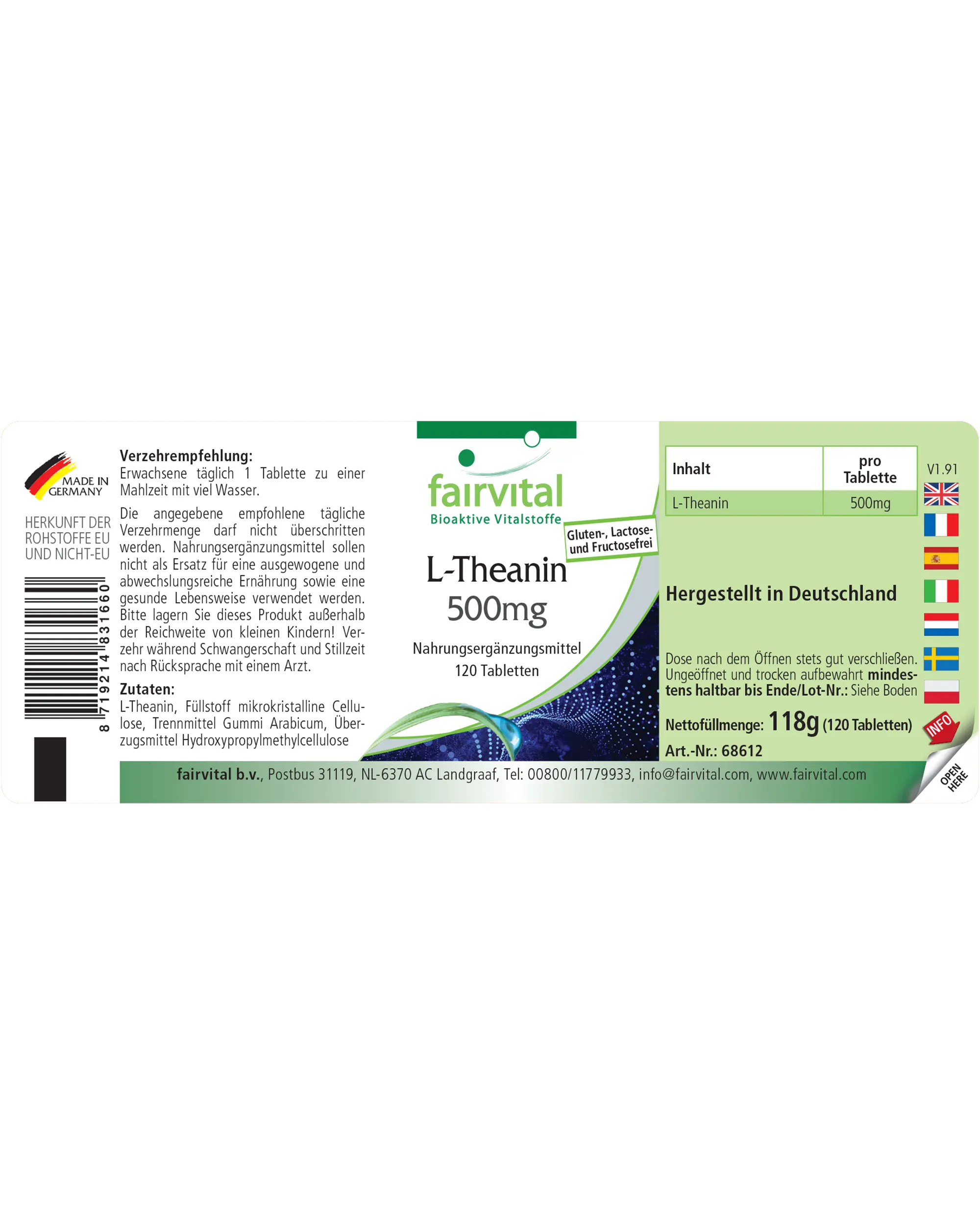 L-Theanin 500mg - 120 Tabletten - Aminosäure - Hochdosiert und Vegan | Fairvital