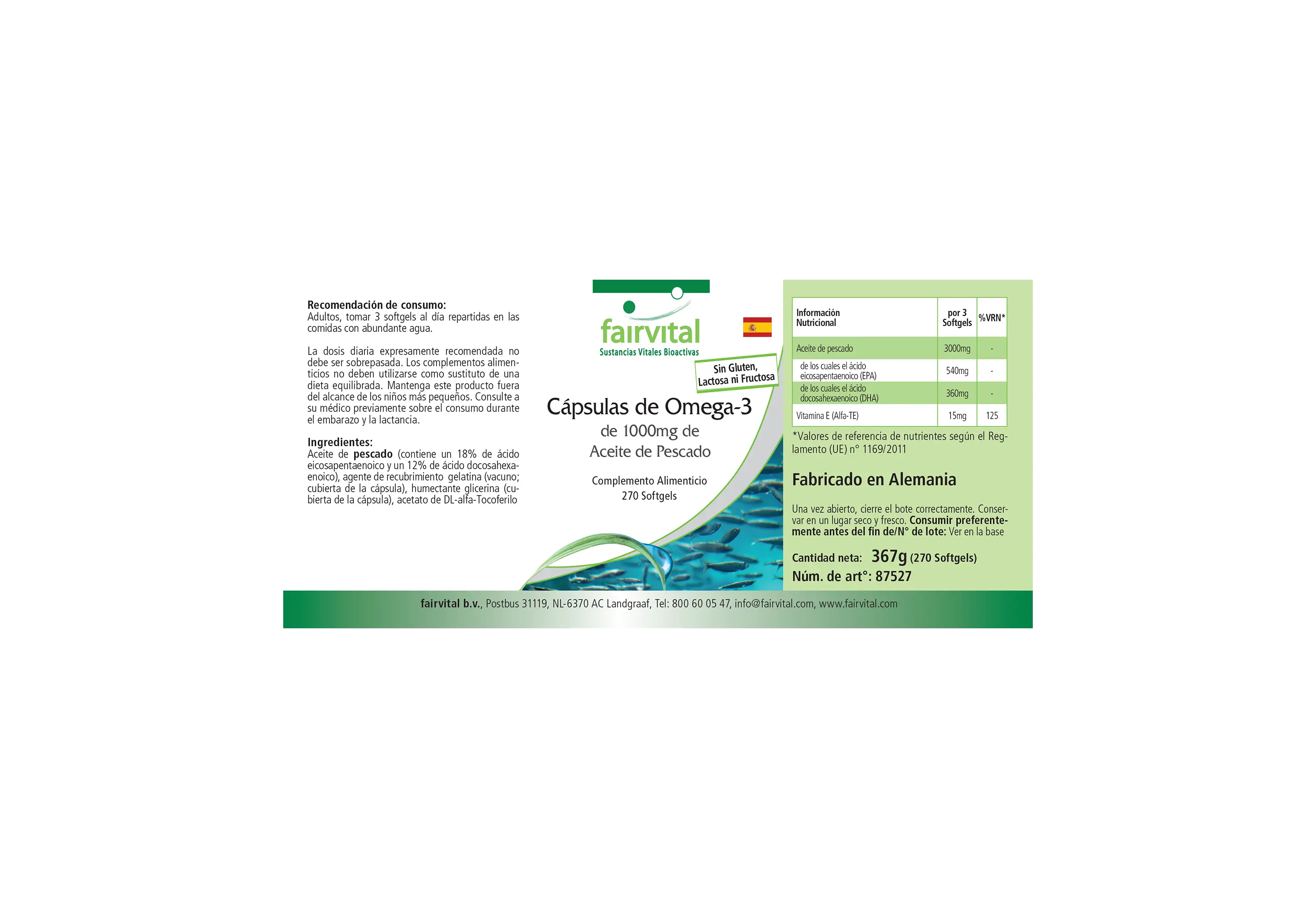 Omega-3 Capsules uit 1000mg Visolie - 270 Softgels - met EPA, DHA & vitamine E - meer dan 100% van de dagelijkse behoefte | Fairvital