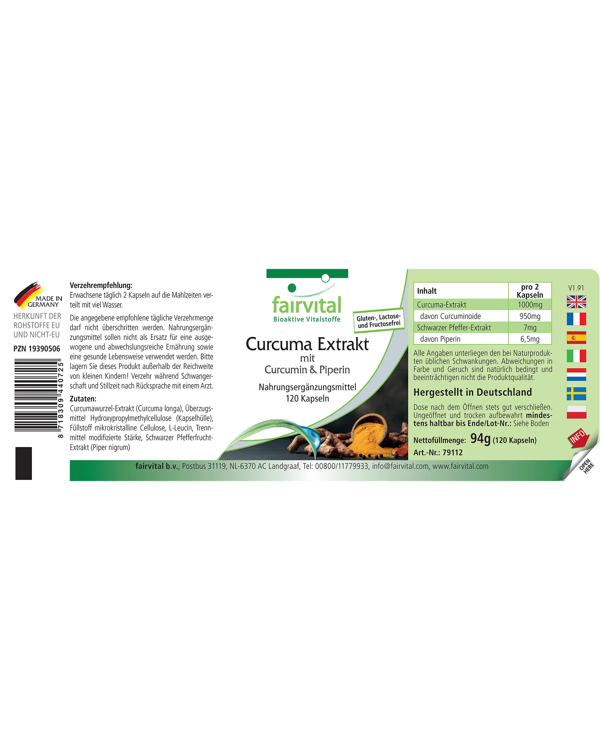 Extrait de Curcuma avec Curcumine & Pipérine - 120 gélules - Végan | Fairvital