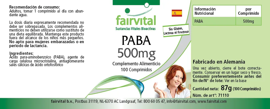 PABA 500mg - vitamine B10 - 100 tabletten