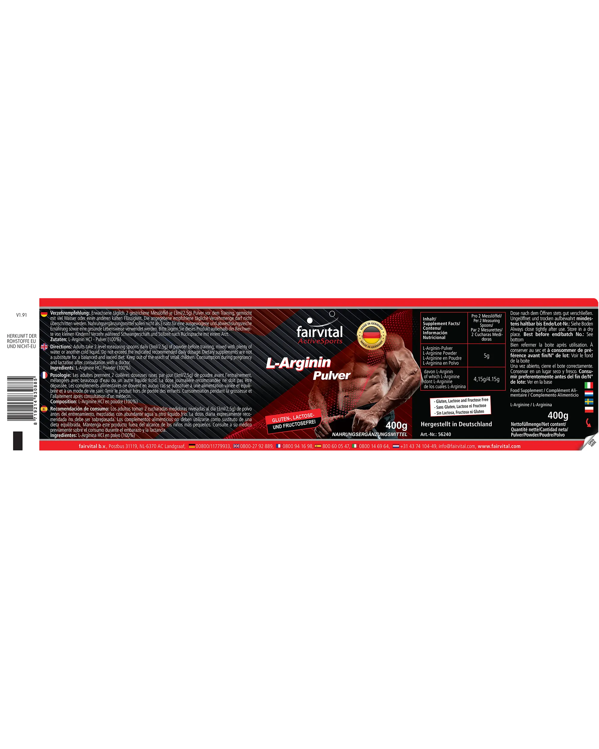 L-Arginine Powder 400g - 100% Pure L-Arginine HCl without Additives - Vegan | Fairvital
