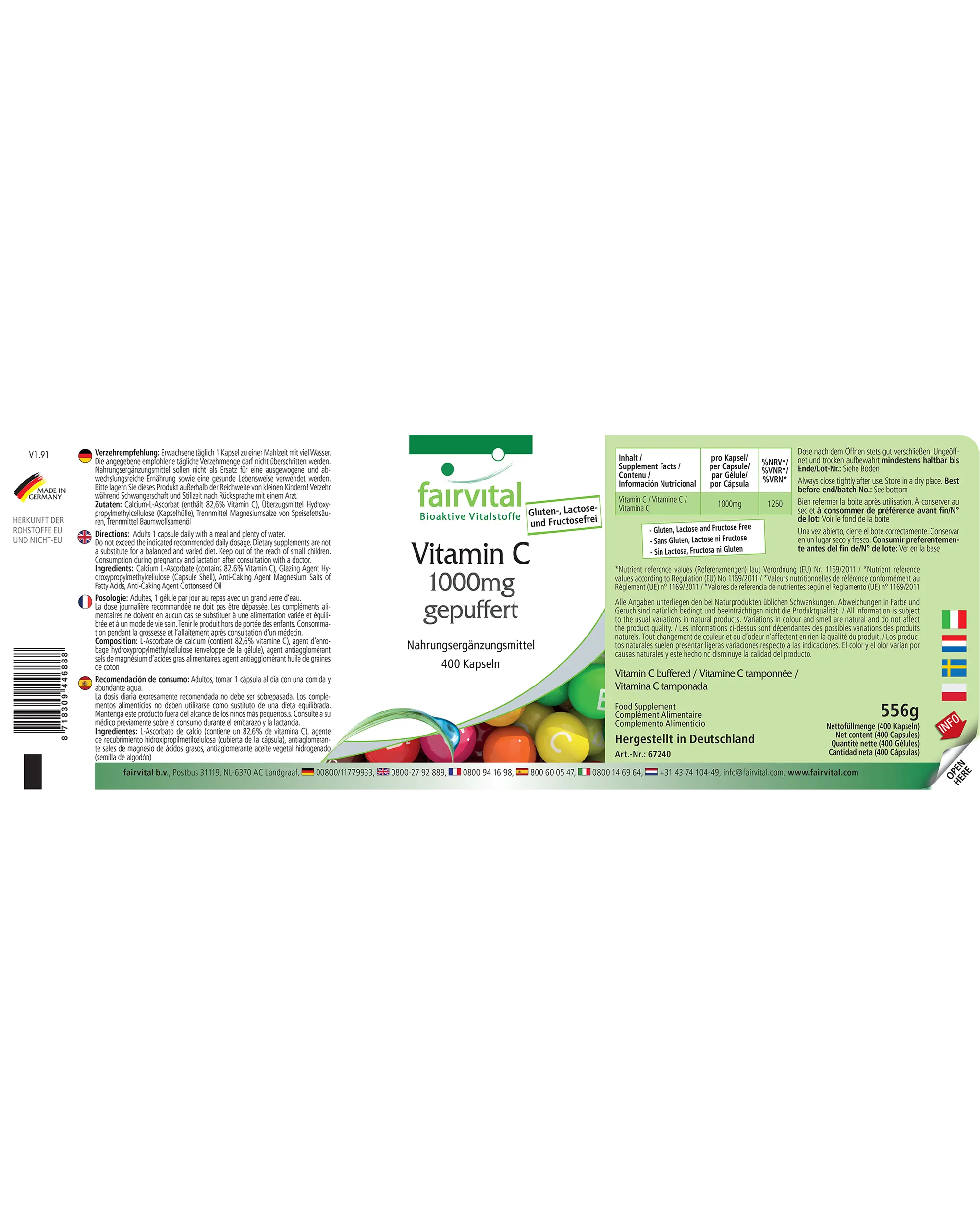 Gebufferde Vitamine C 1000mg - 400 capsules - voor het immuunsysteem, collageenvorming en meer - dagelijkse behoefte gedekt | Fairvital