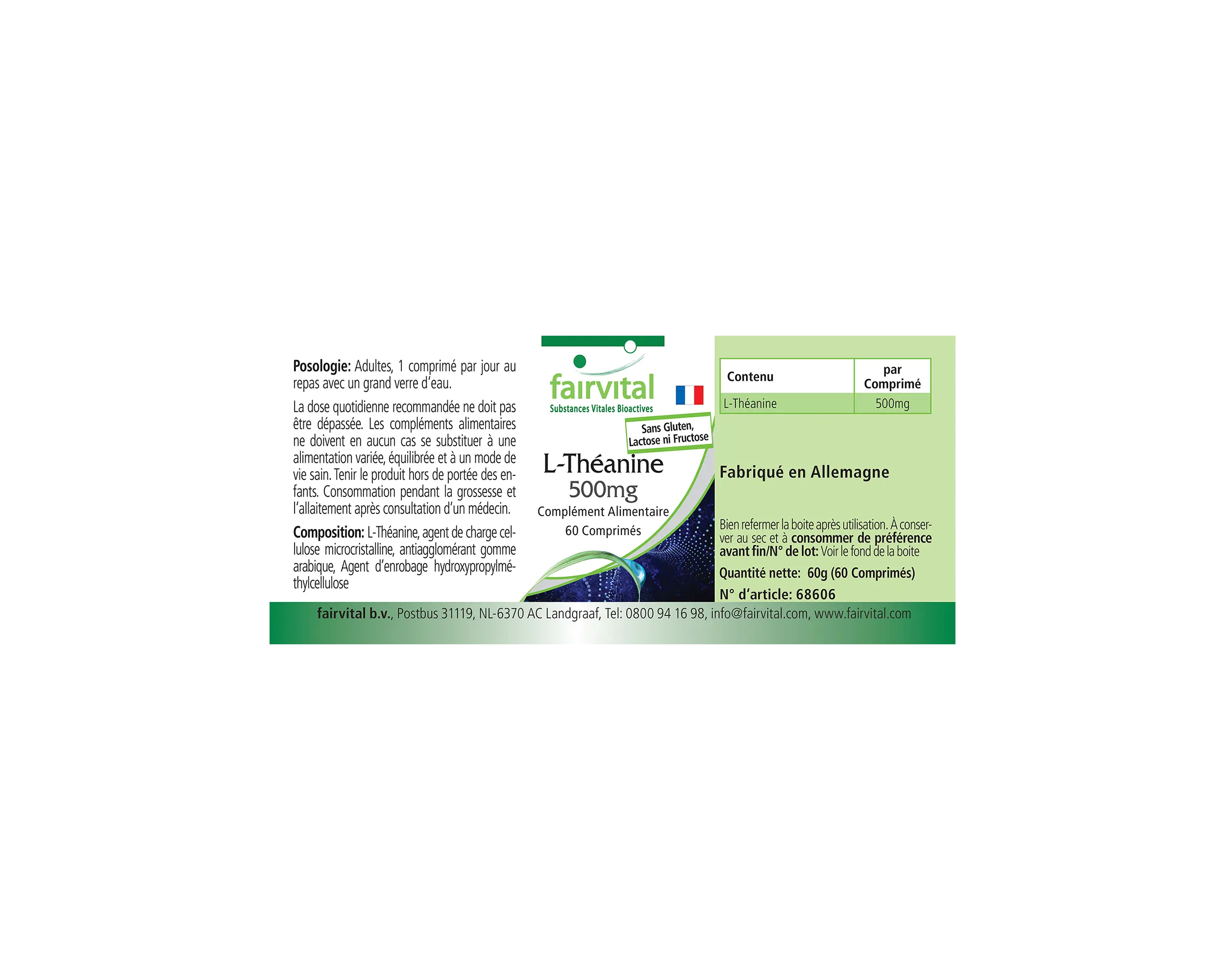 L-Teanina 500mg - 60 compresse - Amminoacido - Facili da deglutire - Ad alto dosaggio e vegana | Fairvital