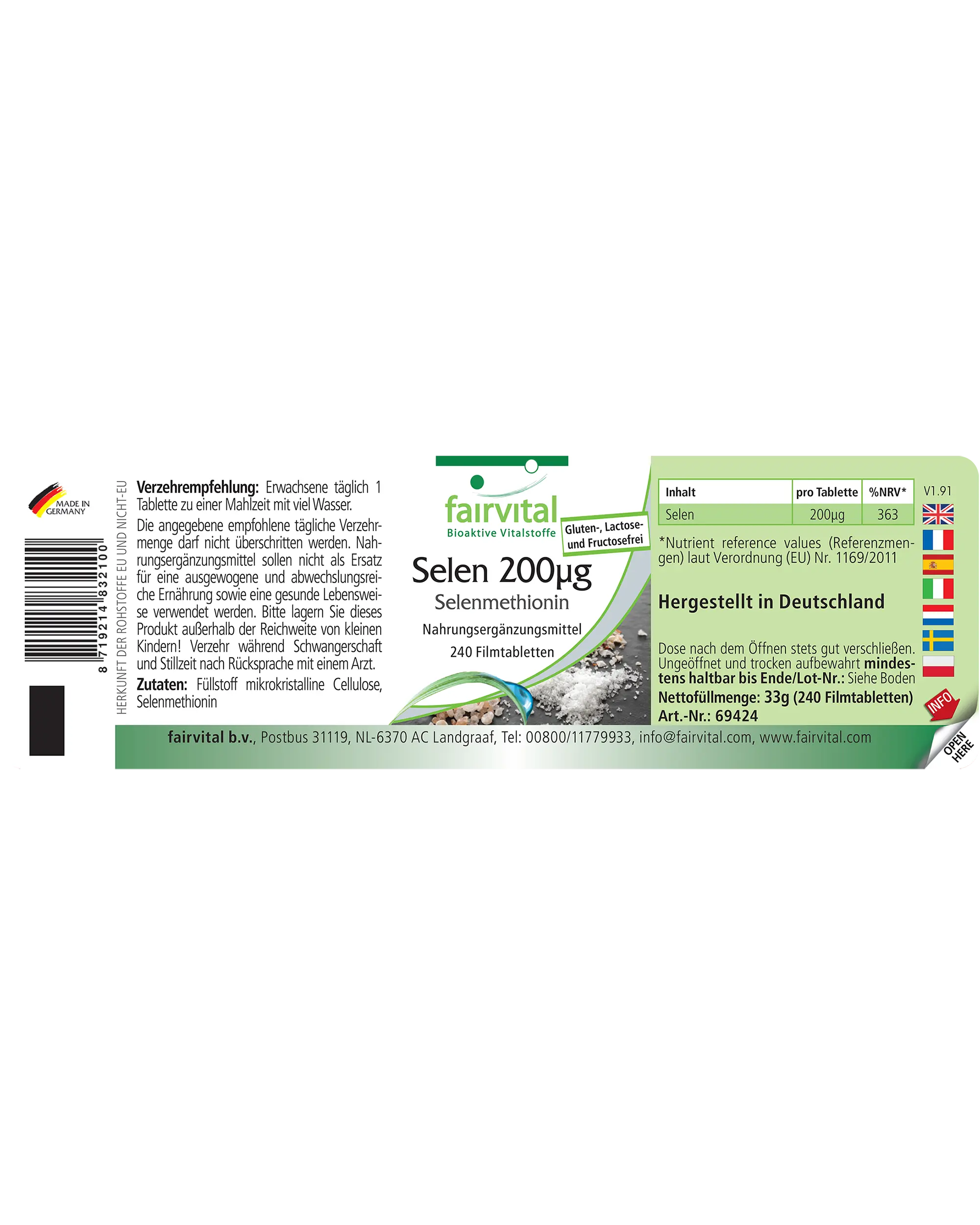 Selenium 200 µg selenomethionine - 240 filmomhulde tabletten - gemakkelijk te slikken - voor schildklier, immuunsysteem, haar en meer - meer dan 100% dagelijkse behoefte - vegan | Fairvital