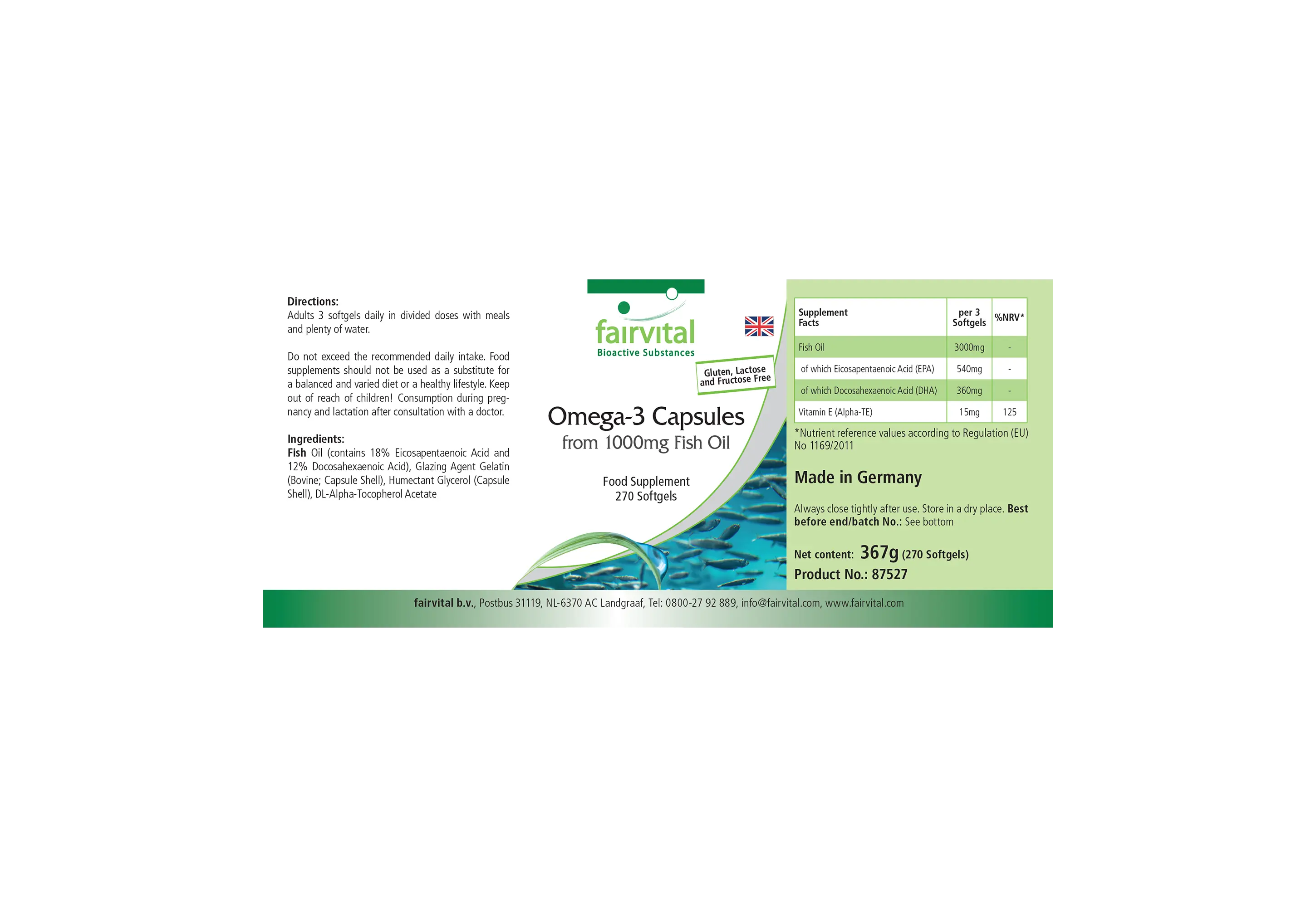 Omega-3 Capsules uit 1000mg Visolie - 270 Softgels - met EPA, DHA & vitamine E - meer dan 100% van de dagelijkse behoefte | Fairvital
