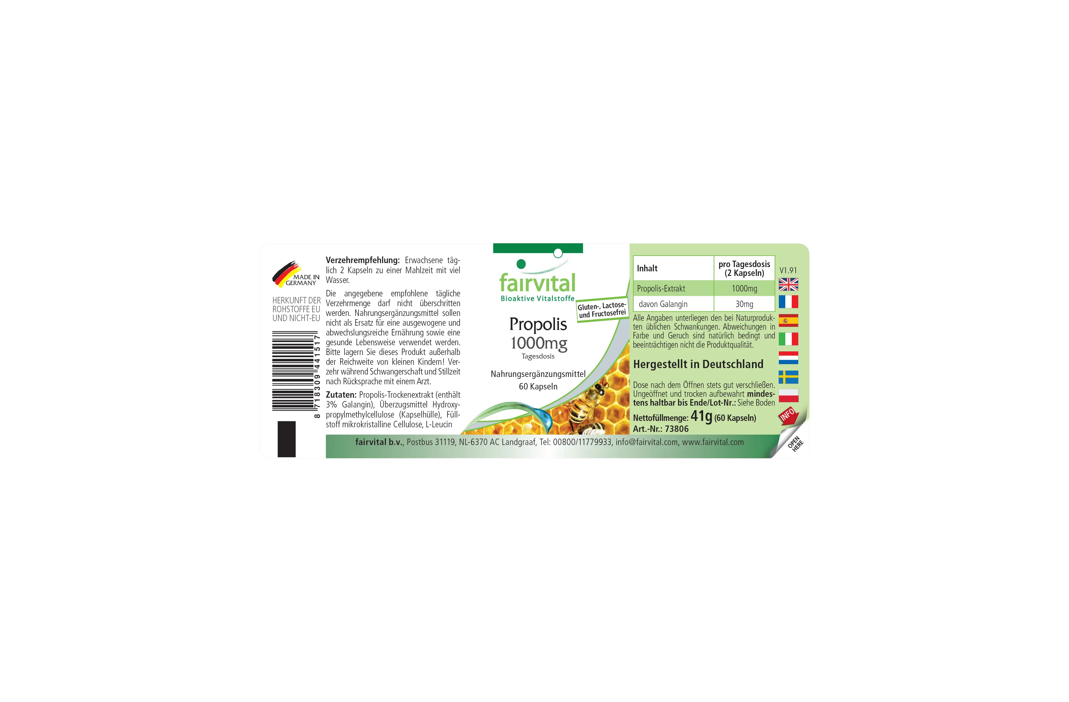 Própolis 1000mg Dosis Diaria – 60 Cápsulas – Extracto Natural de Resina de Abeja – Con 3% de Galangina | Fairvital