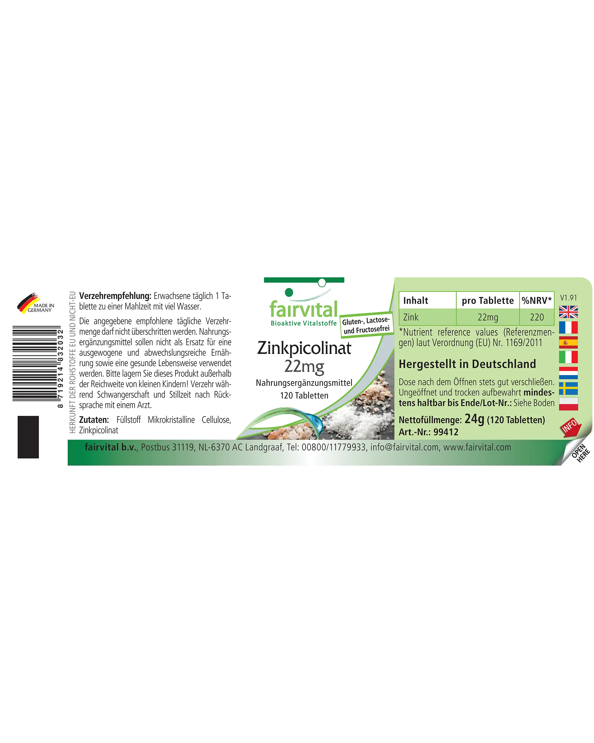 Picolinate de Zinc 22 mg - 120 comprimés - plus de 100 % des besoins - pour os, peau, vision & plus - végan | Fairvital