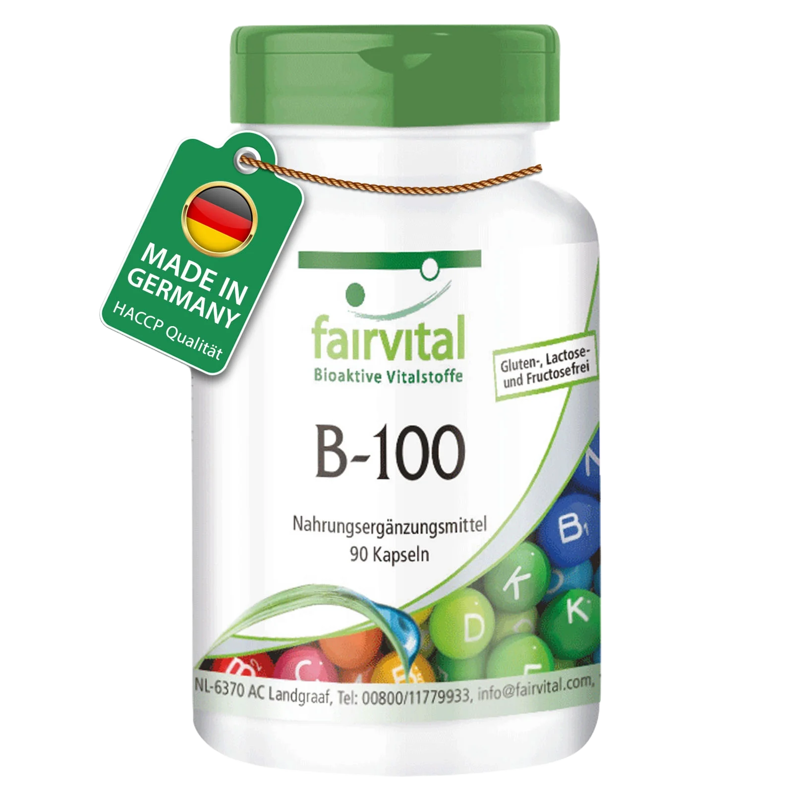 B-100 Komplex - alle B-Vitamine (B1, B2, B3, B5, B6, B7, B9, B12) für Haare, Haut ung gegen Müdigkeit - 90 Kapseln - Hochdosiert und Vegan | Fairvital B-100 Komplex - alle B-Vitamine (B1, B2, B3, B5, B6, B7, B9, B12) für Haare, Haut ung gegen Müdigkeit - 90 Kapseln - Hochdosiert und Vegan | Fairvital