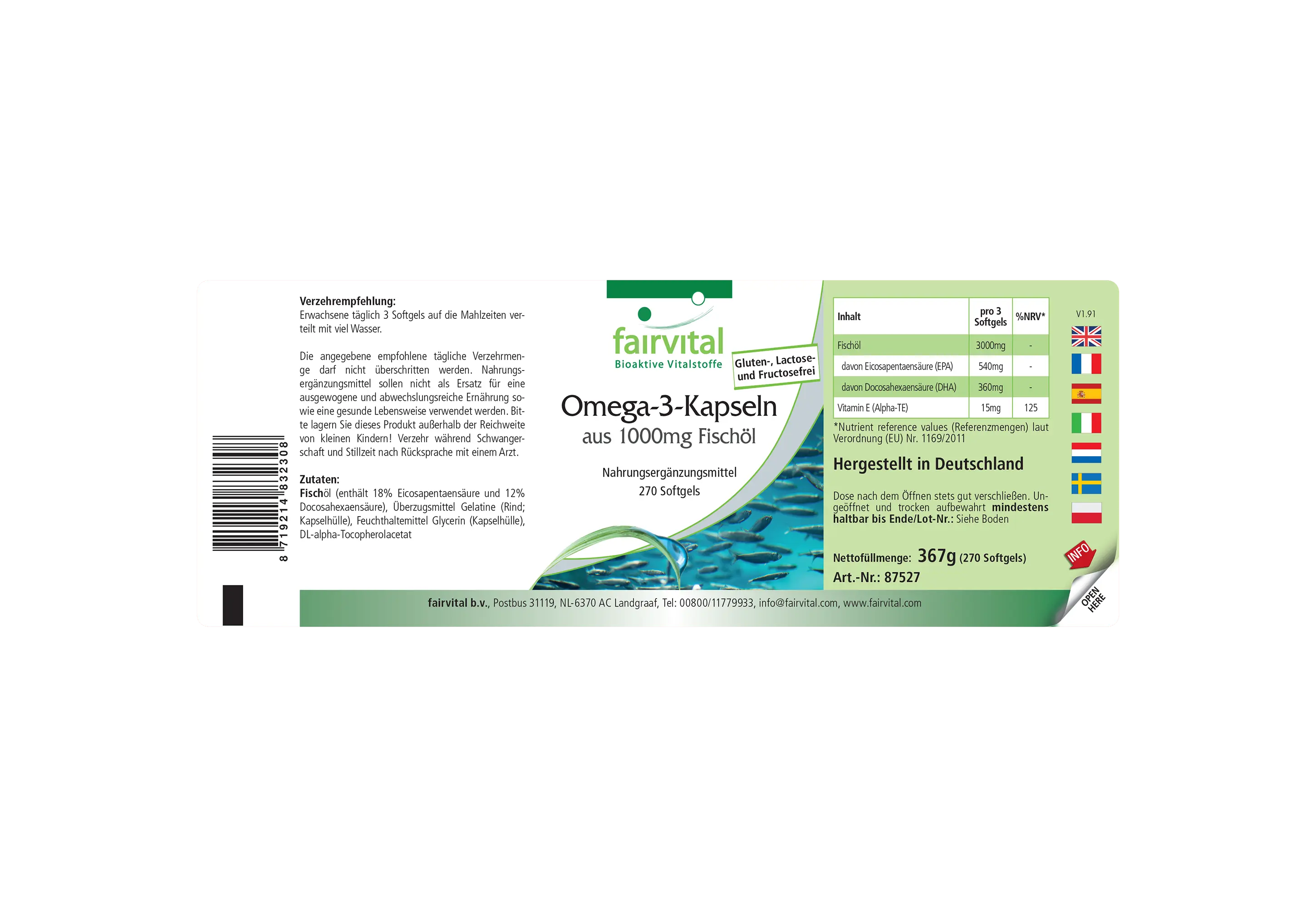 Omega-3 Capsules uit 1000mg Visolie - 270 Softgels - met EPA, DHA & vitamine E - meer dan 100% van de dagelijkse behoefte | Fairvital