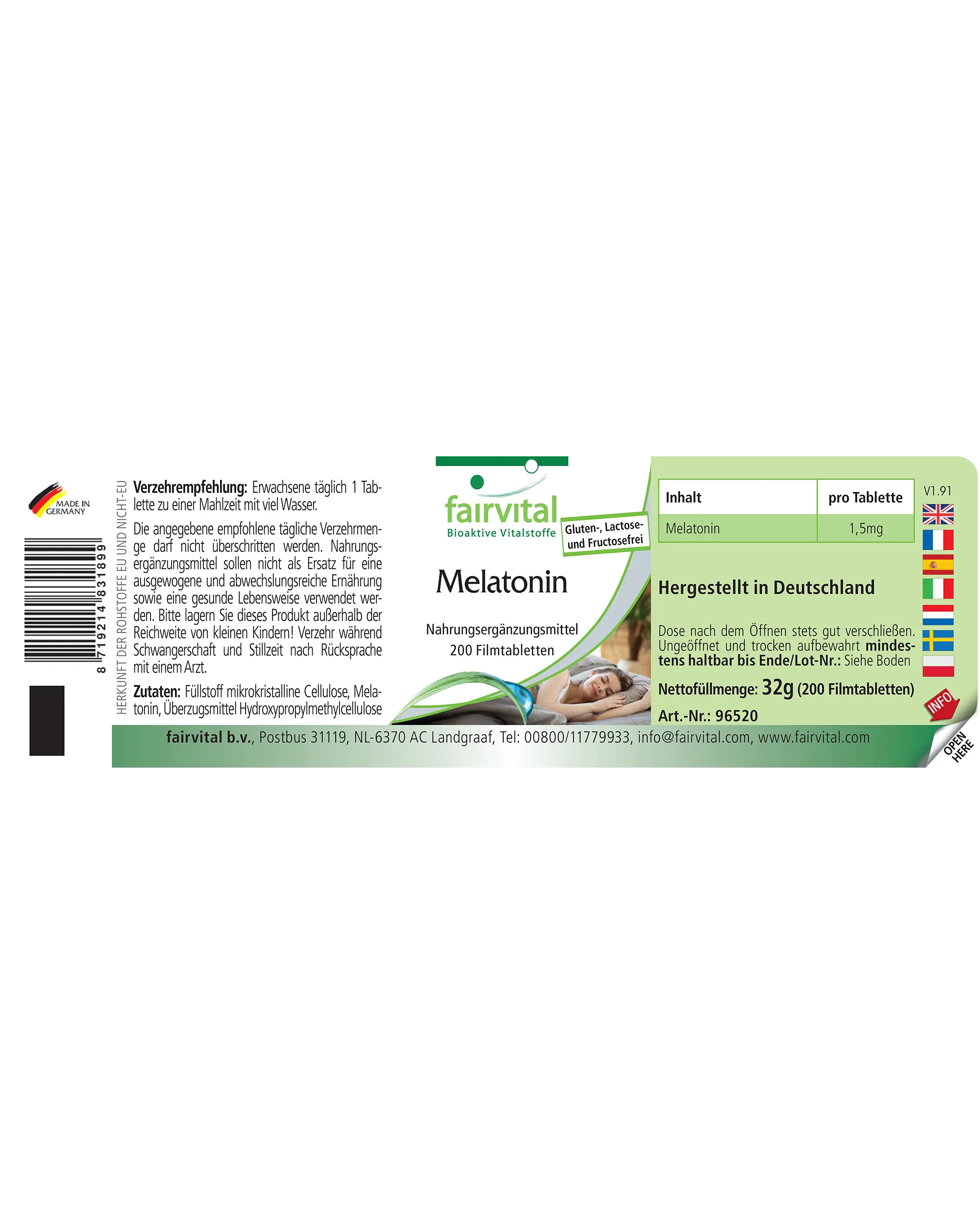 Mélatonine 1,5 mg - 200 comprimés pelliculés - faciles à avaler - pour un endormissement plus rapide et contre le décalage horaire - Vegan | Fairvital
