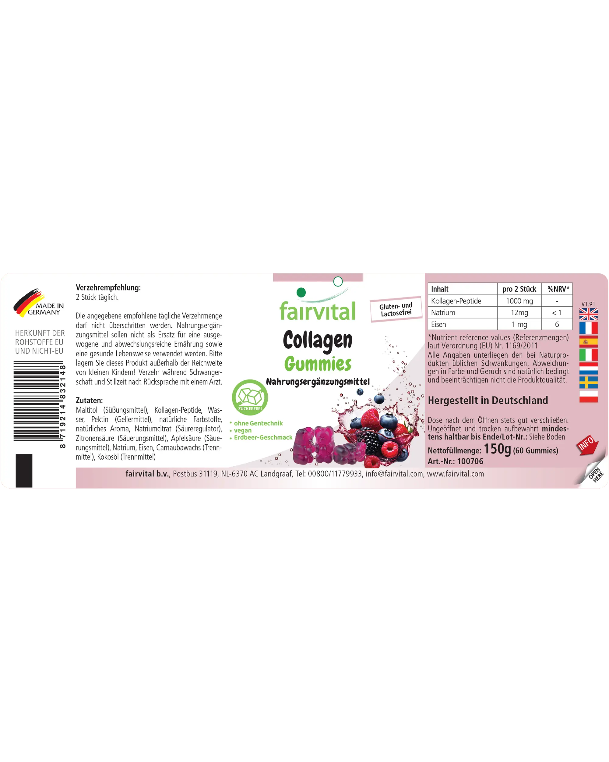 Collagen - 60 Gummies - 1000mg - vegan - sugar-free - strawberry flavor | Fairvital