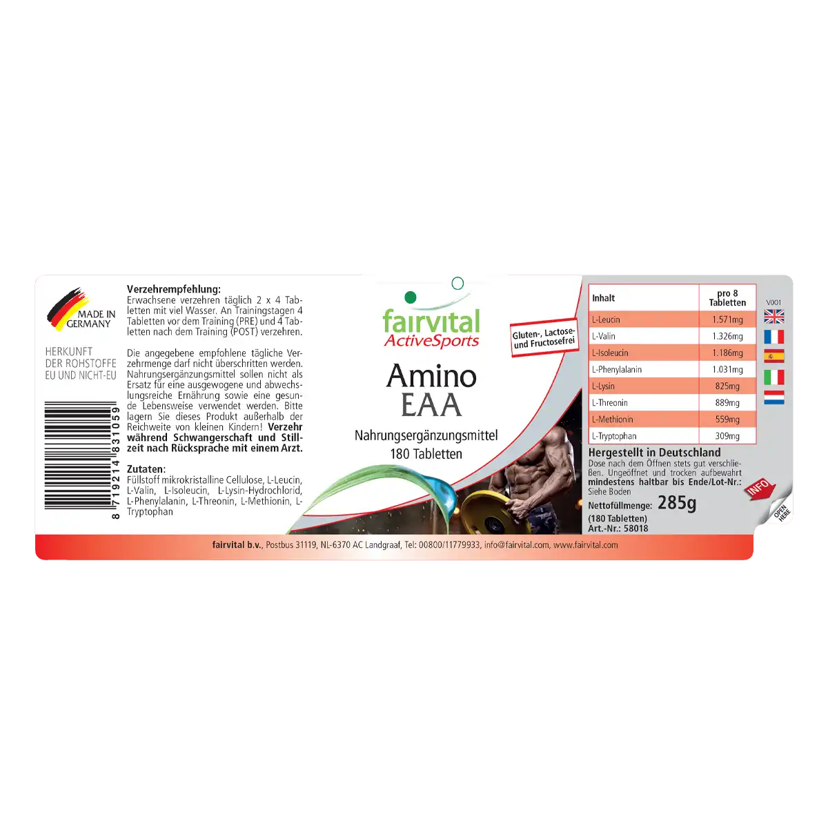 Amino EAA - 180 Tabletten - Mehr als 7500mg essenzielle Aminosäuren - Hochdosiert und Vegan | Fairvital Amino EAA - 180 Tabletten - Mehr als 7500mg essenzielle Aminosäuren - Hochdosiert und Vegan | Fairvital