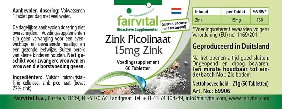 Zinkpicolinaat met 15mg zink - 60 tabletten Zinkpicolinaat met 15mg zink - 60 tabletten