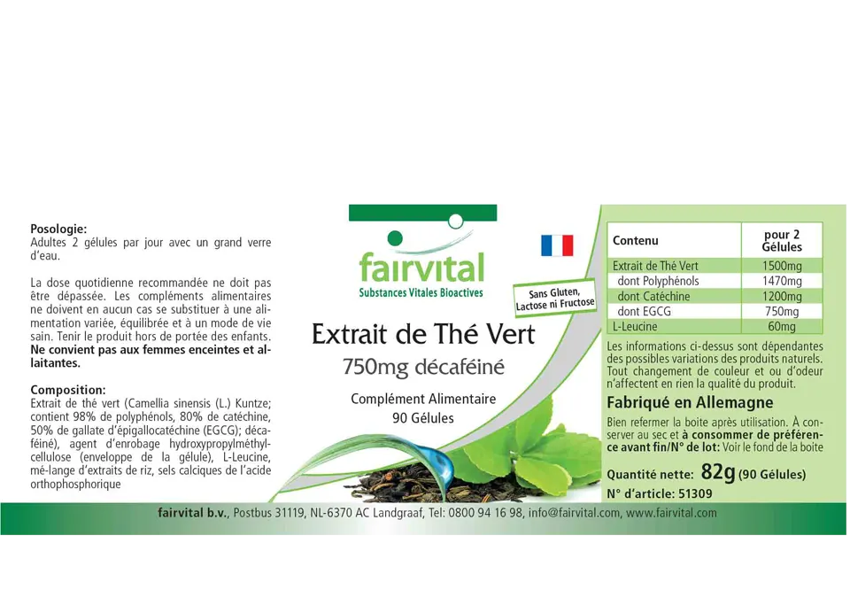 Green tea extract 750mg decaffeinated - 90 capsules