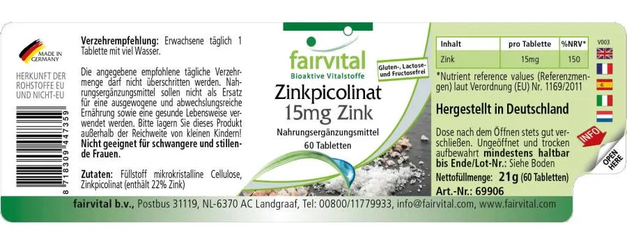 Zinkpicolinaat met 15mg zink - 60 tabletten Zinkpicolinaat met 15mg zink - 60 tabletten