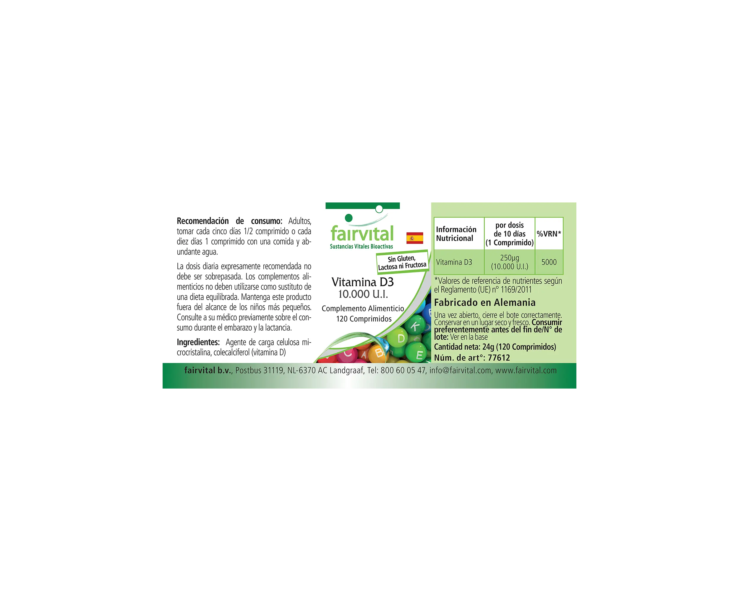 Vitamina D3 10.000 UI - 120 comprimidos - para el sistema inmunitario, la división celular, los músculos y mucho más | Fairvital