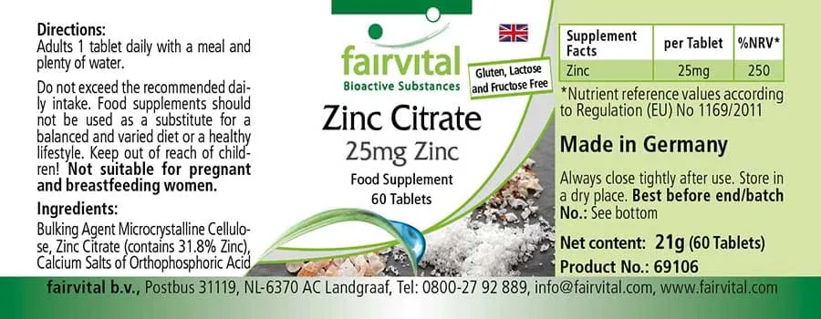Zinkcitraat met 25 mg zink - 60 tabletten Zinkcitraat met 25 mg zink - 60 tabletten