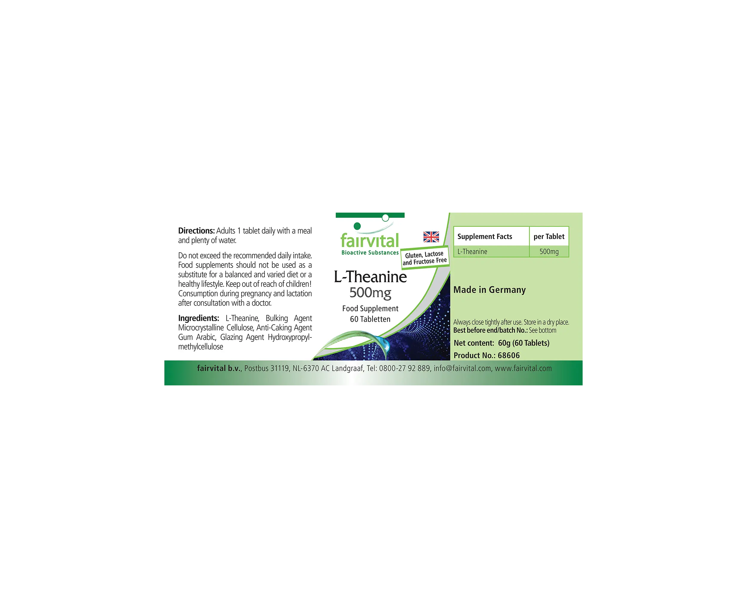 L-Teanina 500mg - 60 compresse - Amminoacido - Facili da deglutire - Ad alto dosaggio e vegana | Fairvital