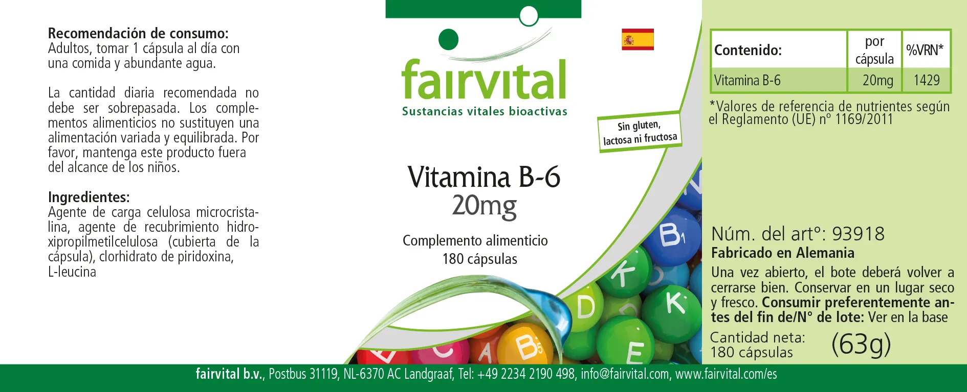Vitamina B-6 20mg - 180 cápsulas