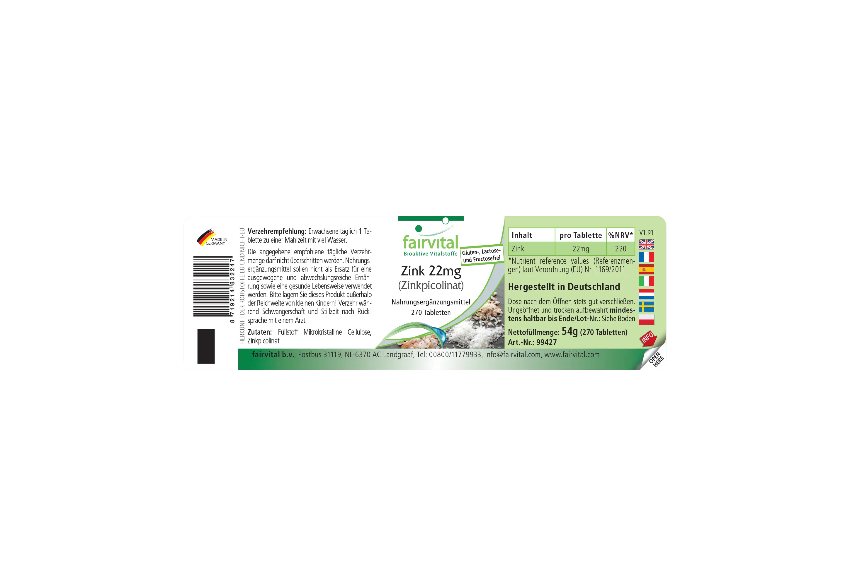 Zink 22mg (Zinkpicolinaat) - 270 tabletten - meer dan 100% van de dagelijkse behoefte - voor huid, zicht, botten en meer - vegan | Fairvital