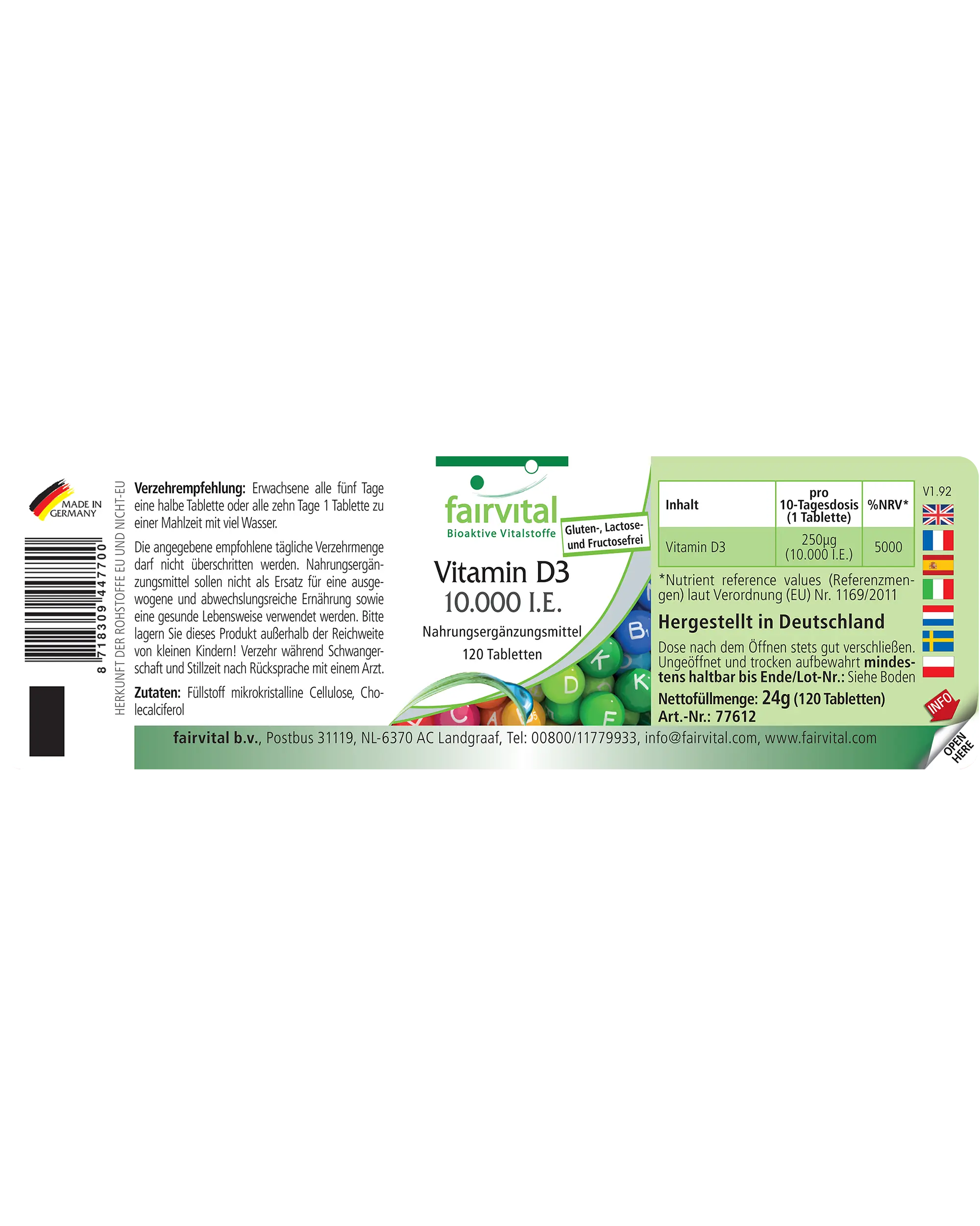 Vitamina D3 10.000 UI - 120 comprimidos - para el sistema inmunitario, la división celular, los músculos y mucho más | Fairvital