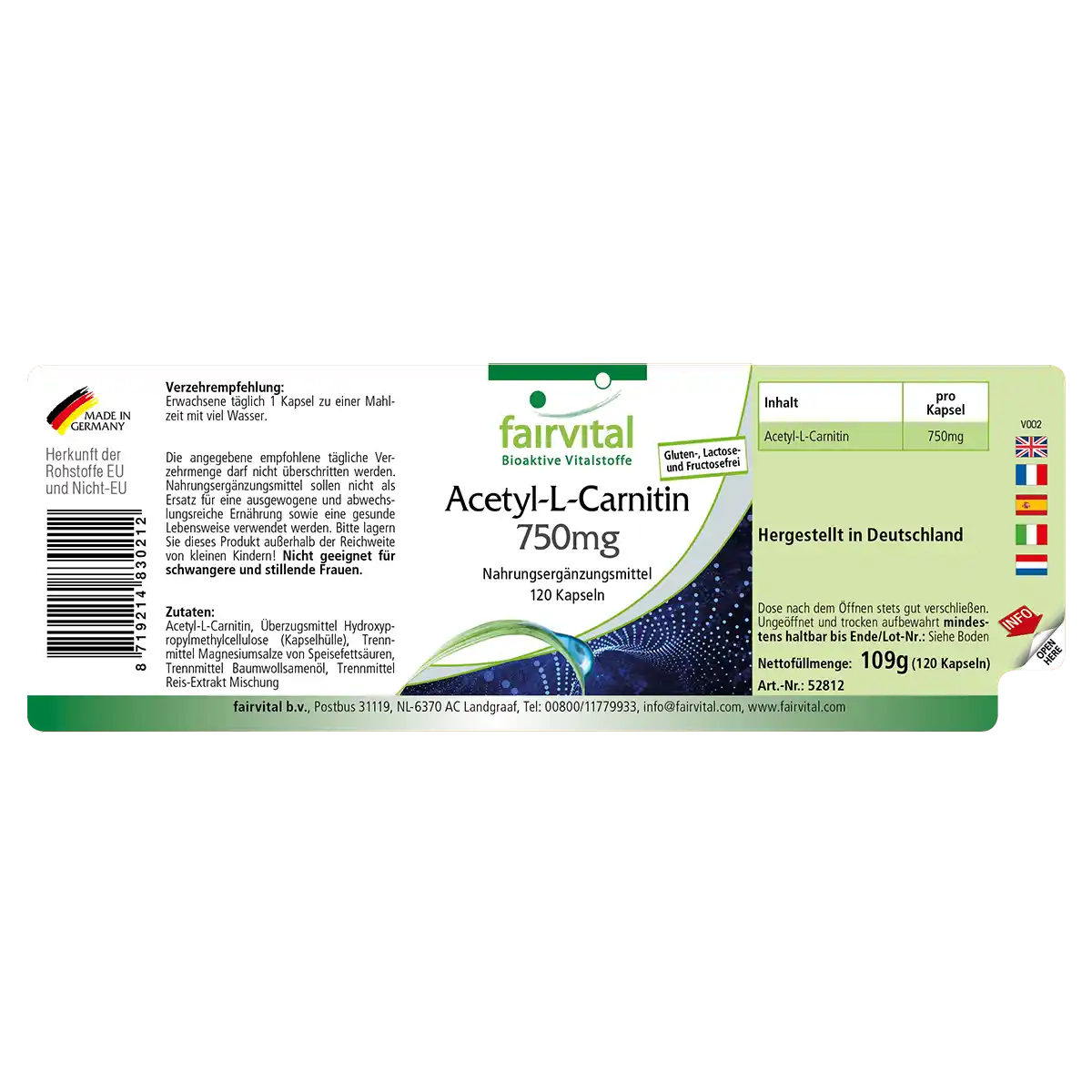Acetyl-L-Carnitin 750mg - 120 Kapseln - Hochdosiert und Vegan | Fairvital Acetyl-L-Carnitin 750mg - 120 Kapseln - Hochdosiert und Vegan | Fairvital