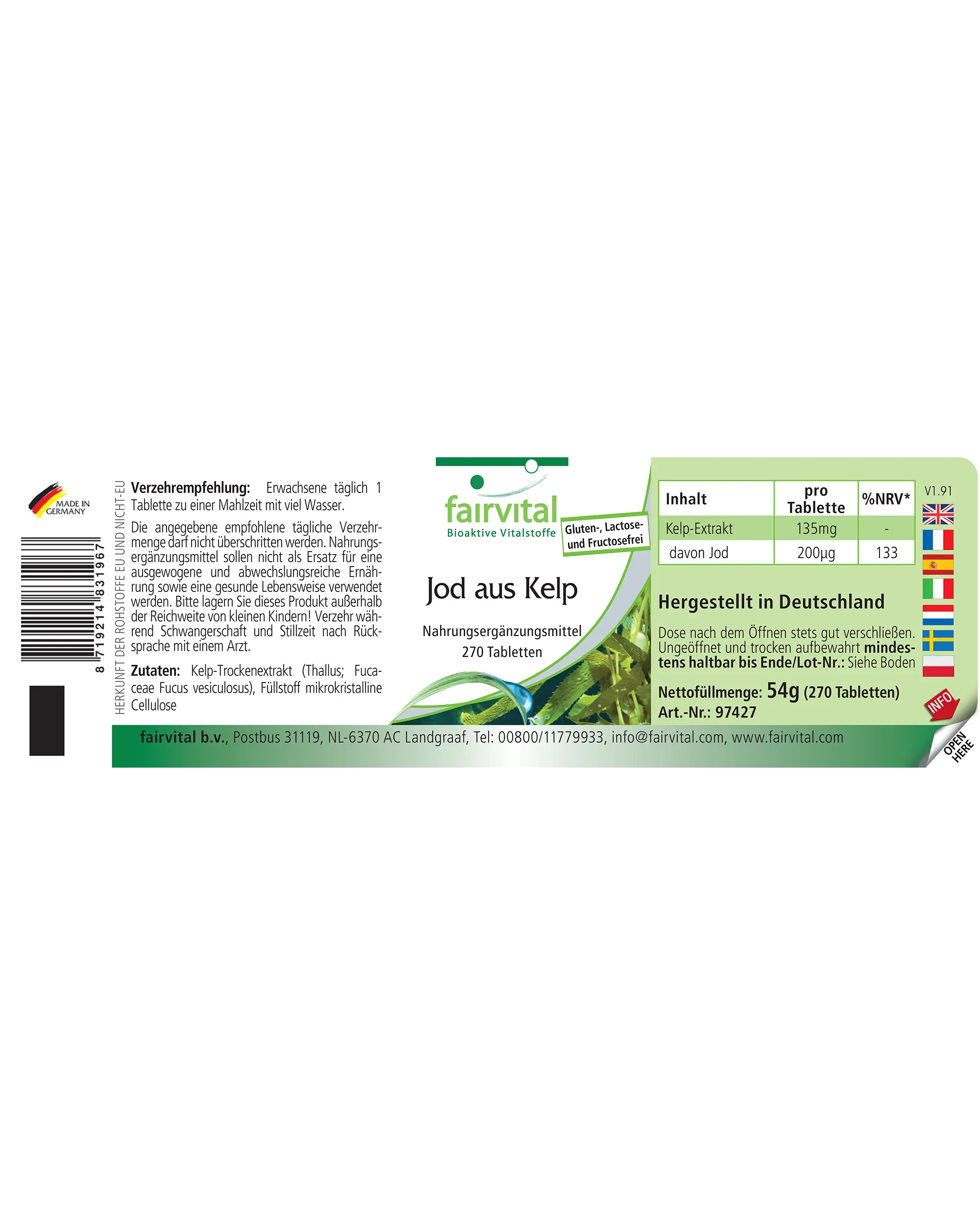 Iodine from kelp - 270 tablets - over 100% daily requirement - for thyroid function, skin, energy & more - vegan | Fairvital