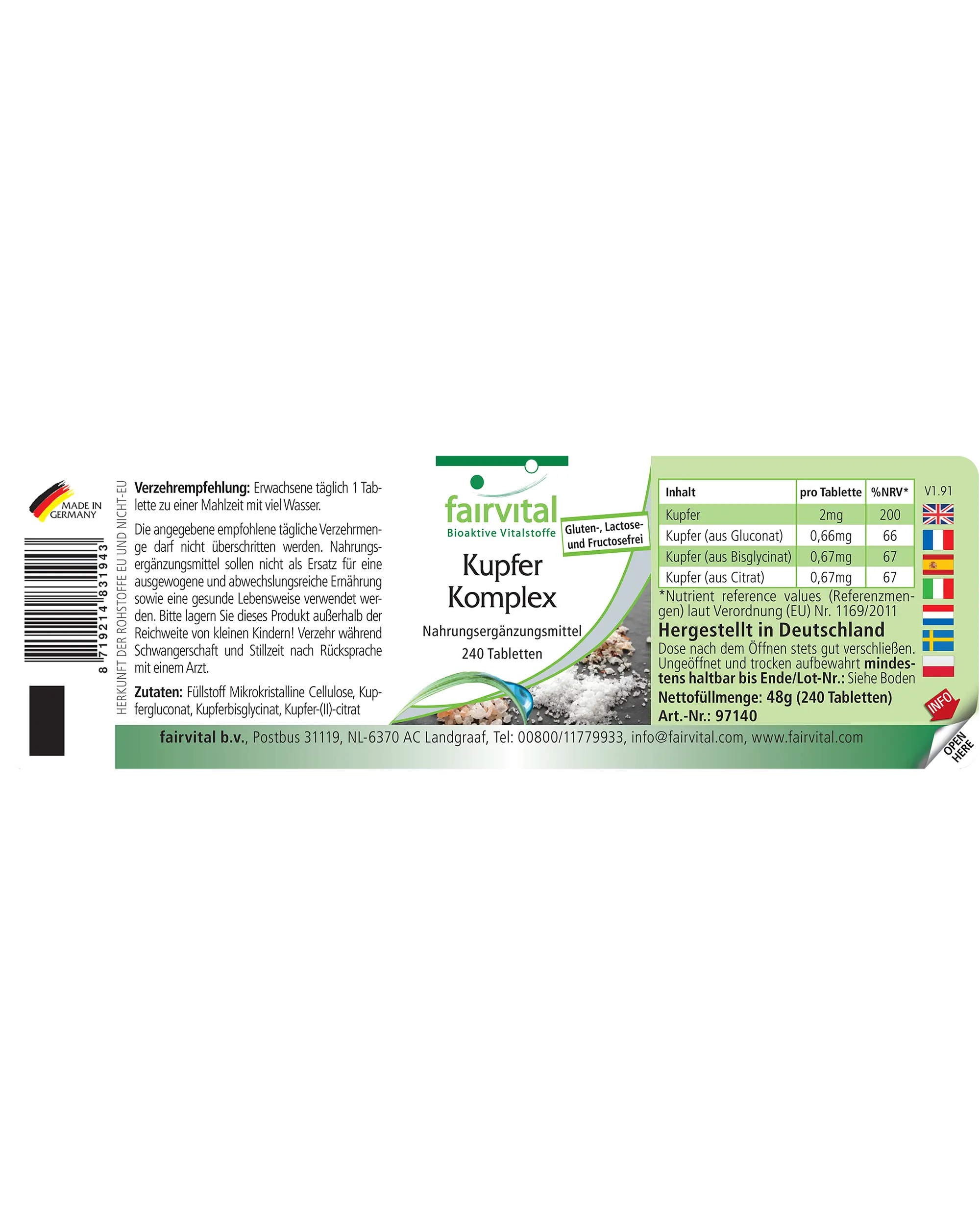 Kopercomplex - 240 tabletten - meer dan 100% van de dagelijkse behoefte - voor immuunsysteem, zenuwstelsel, celbescherming en meer - vegan | Fairvital