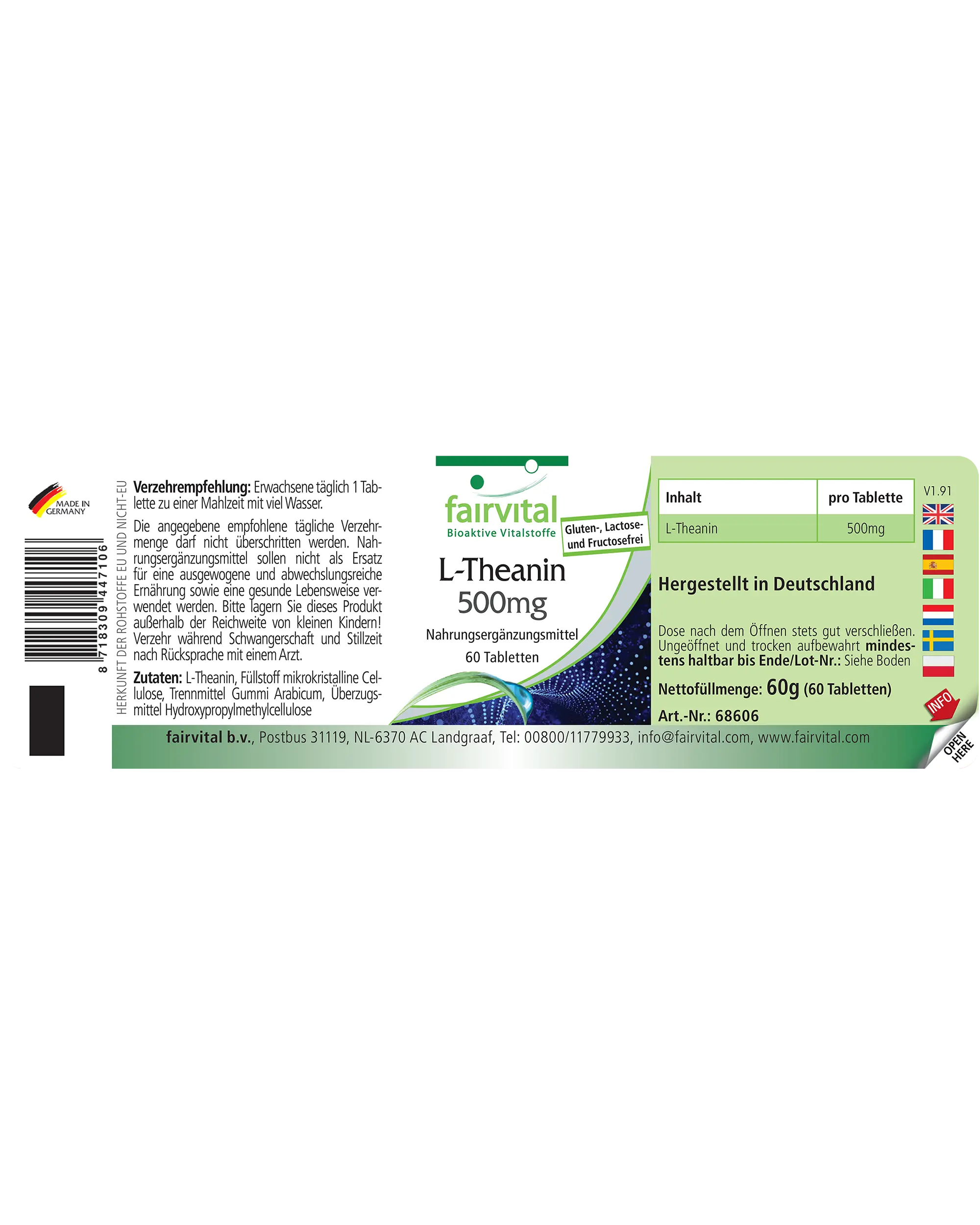 L-Teanina 500mg - 60 compresse - Amminoacido - Facili da deglutire - Ad alto dosaggio e vegana | Fairvital