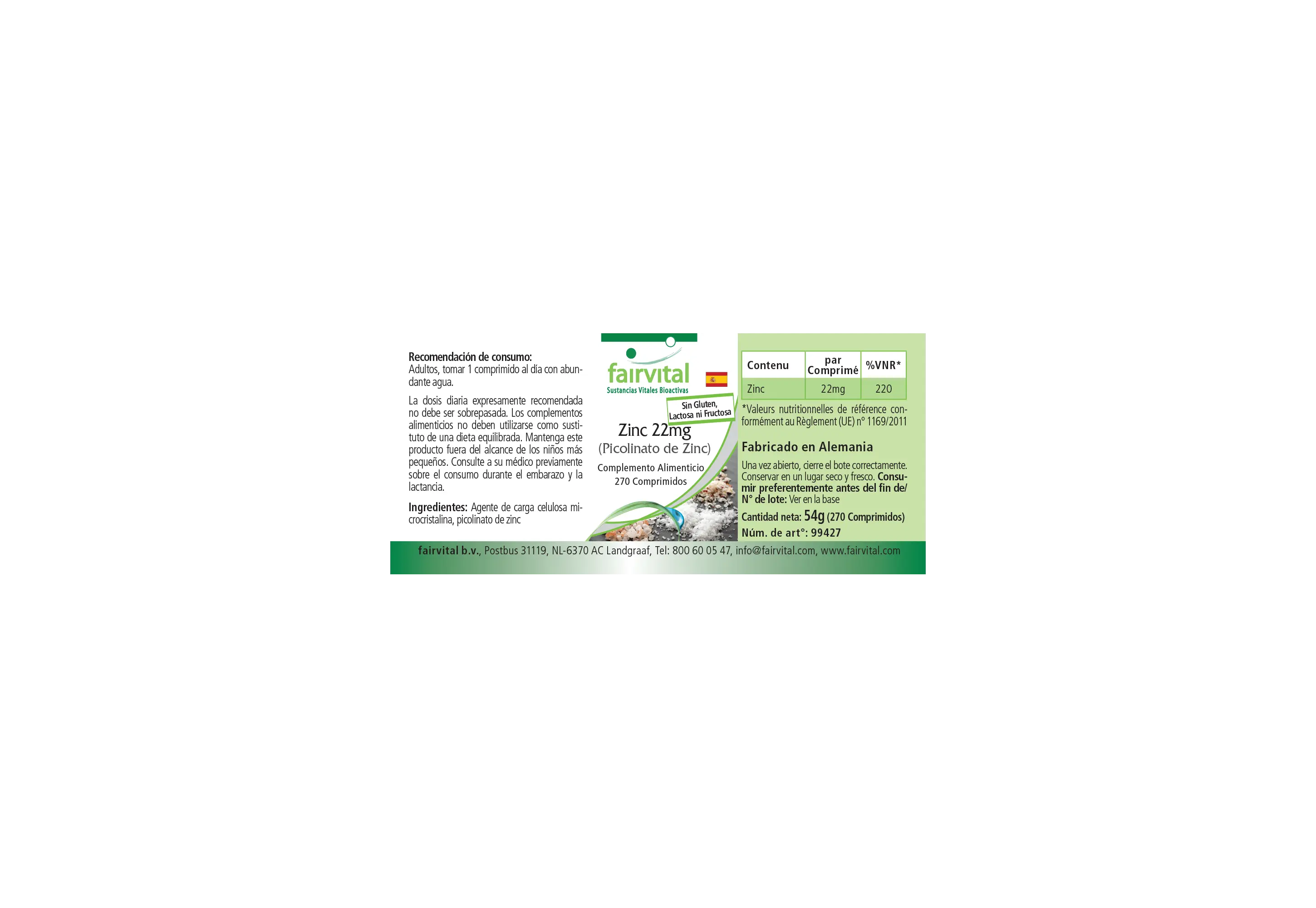 Zink 22mg (Zinkpicolinaat) - 270 tabletten - meer dan 100% van de dagelijkse behoefte - voor huid, zicht, botten en meer - vegan | Fairvital