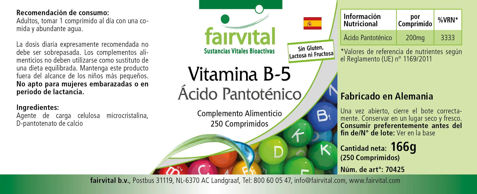 Vitamina B-5 ácido pantoténico 200mg - 250 comprimidos Vitamina B-5 ácido pantoténico 200mg - 250 comprimidos