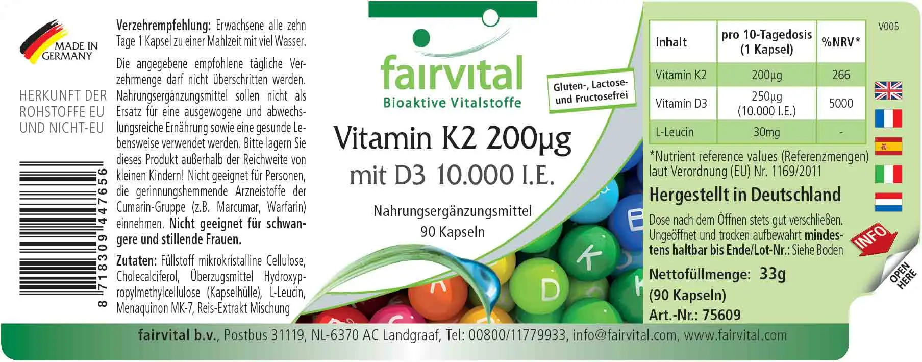 Vitamina K2 200µg con D3 10000 U.I. - 90 Cápsulas