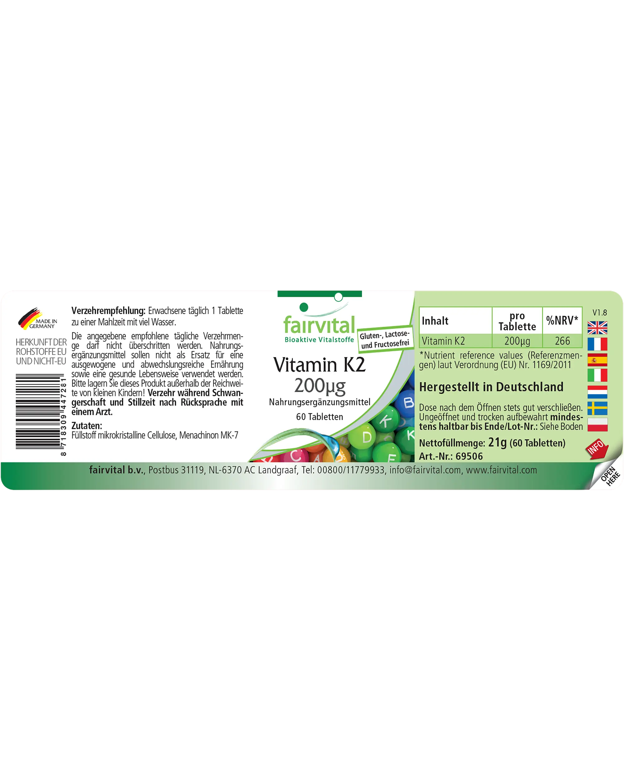 Vitamin K2 200µg - 60 Tabletten - für Knochen, Blutgerinnung - abgedeckter Bedarf - Hochdosiert und Vegan | Fairvital