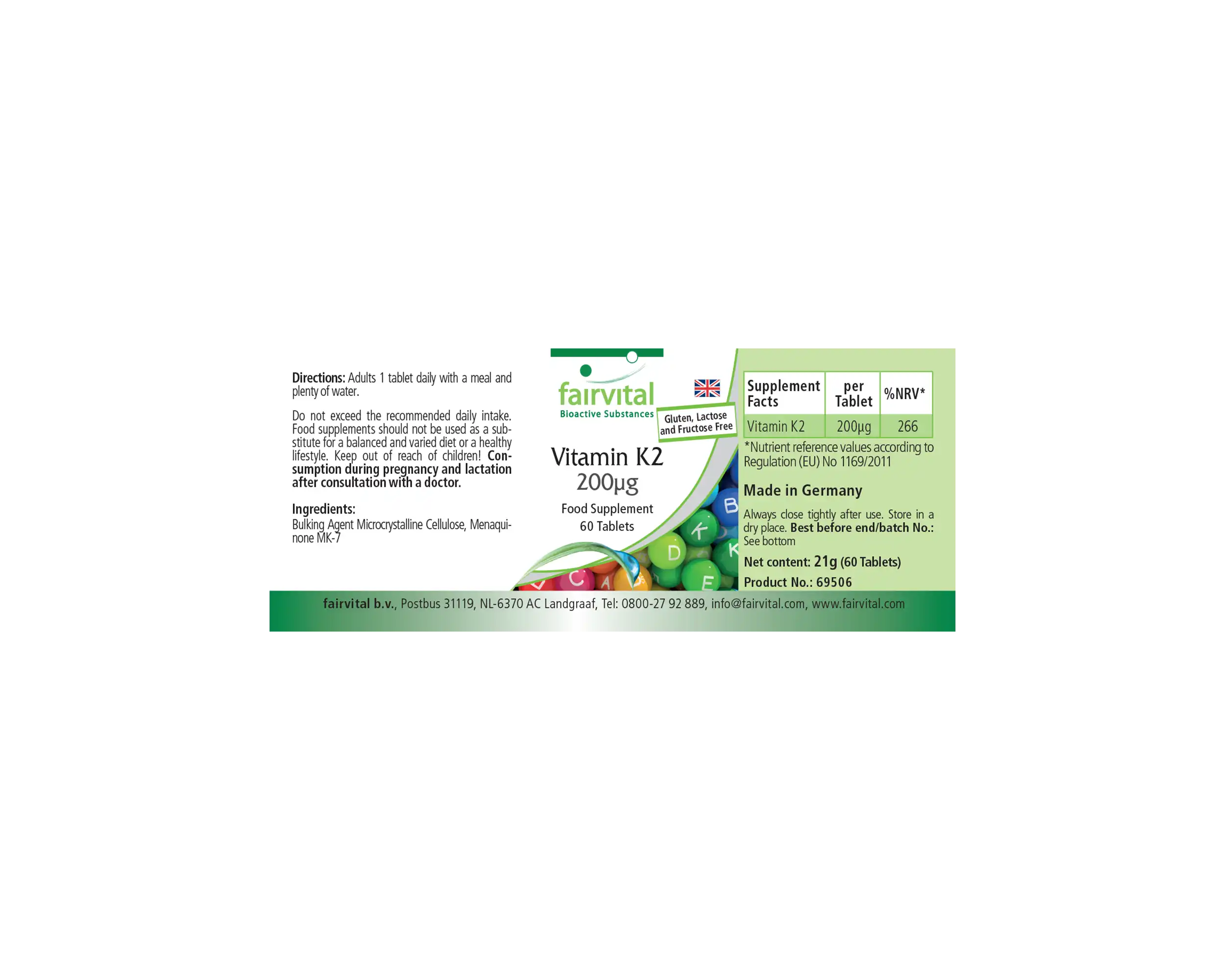 Vitamin K2 200µg - 60 Tabletten - für Knochen, Blutgerinnung - abgedeckter Bedarf - Hochdosiert und Vegan | Fairvital