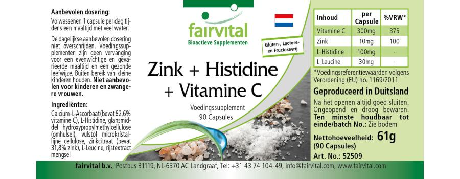 Zinc + Histidina + Vitamina C - 90 Cápsulas