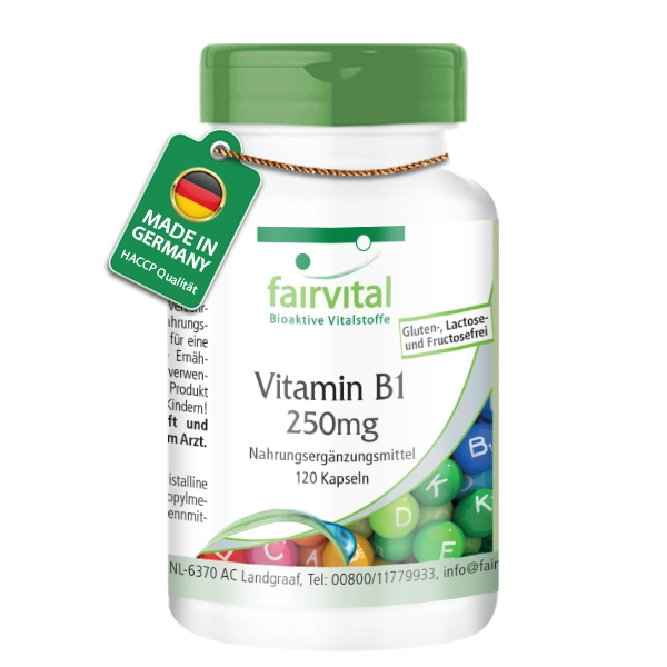 Vitamin B1 250mg - 120 Kapseln - Thiamin - für Herz, Nervensystem uvm. - Hochdosiert | Fairvital Vitamin B1 250mg - 120 Kapseln - Thiamin - für Herz, Nervensystem uvm. - Hochdosiert | Fairvital