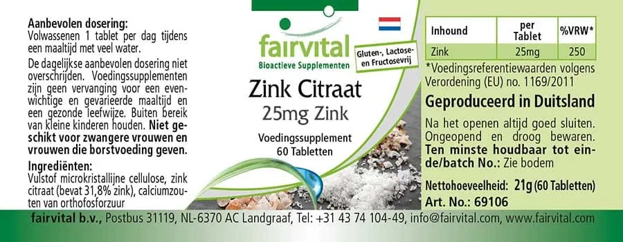 Zinkcitraat met 25 mg zink - 60 tabletten Zinkcitraat met 25 mg zink - 60 tabletten