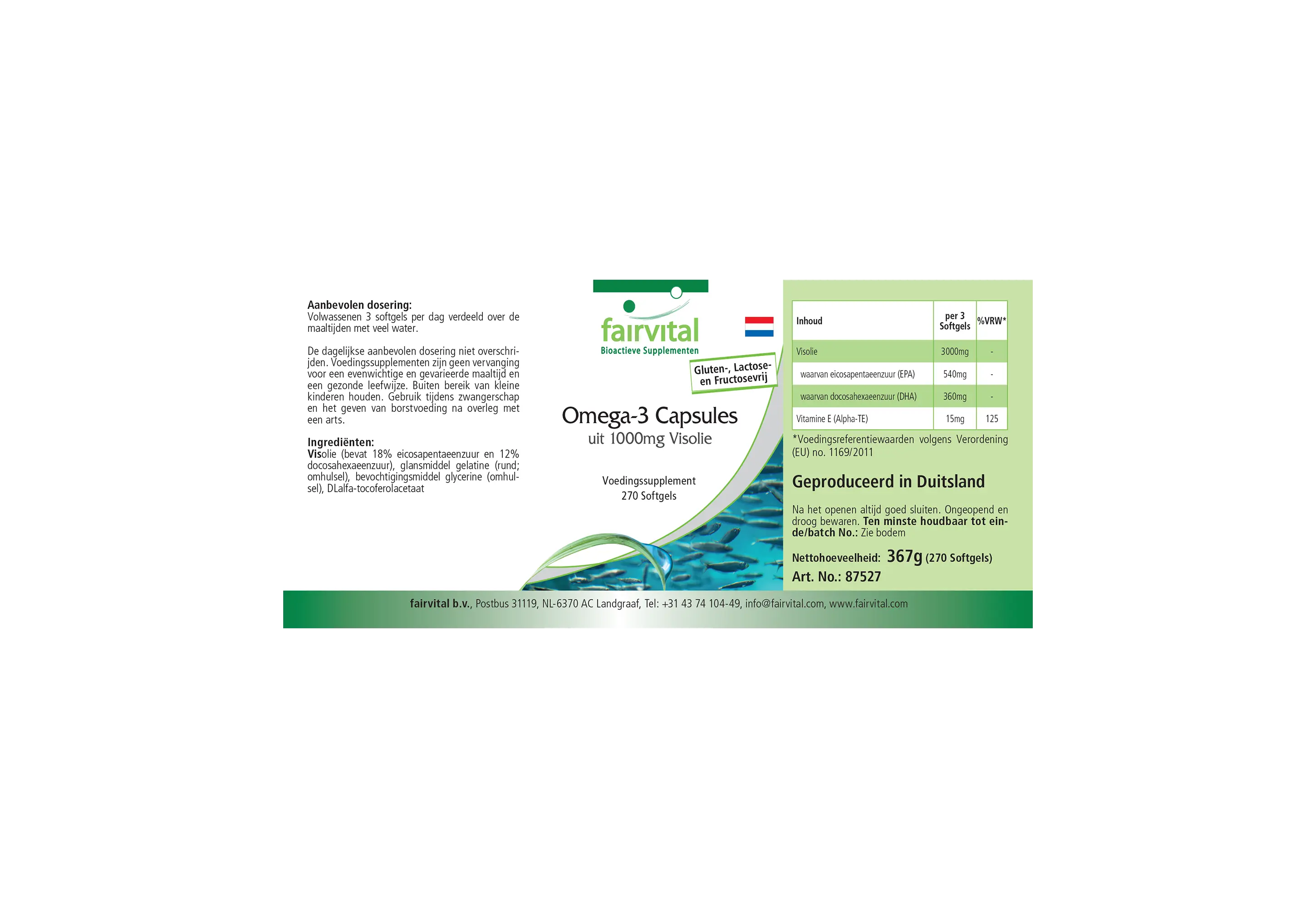 Omega-3 Capsules uit 1000mg Visolie - 270 Softgels - met EPA, DHA & vitamine E - meer dan 100% van de dagelijkse behoefte | Fairvital