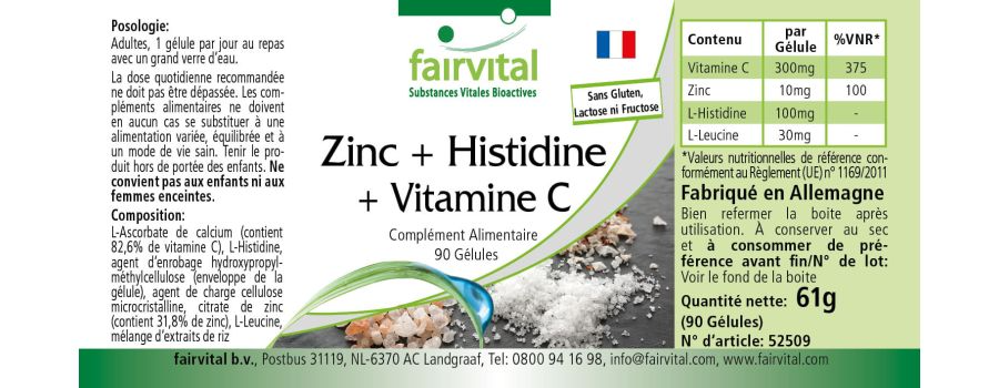 Zinc + Histidina + Vitamina C - 90 Cápsulas